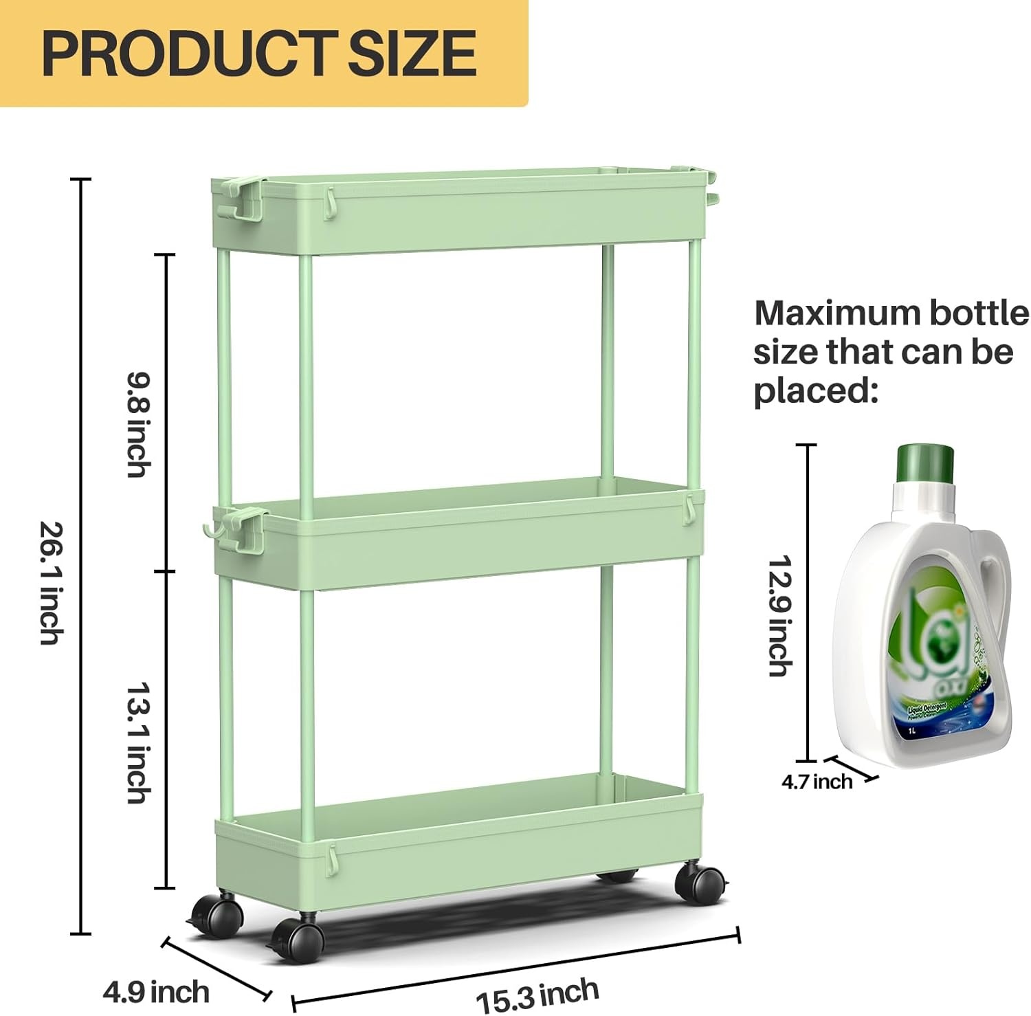 image:imageSPACEKEEPER Slim Rolling Storage Cart 3 Tier Bathroom Storage Organizer Laundry Room Utility Cart Mobile Shelving Unit MultiPurpose for Kitchen Office Bathroom Laundry Narrow Places BlackGreen