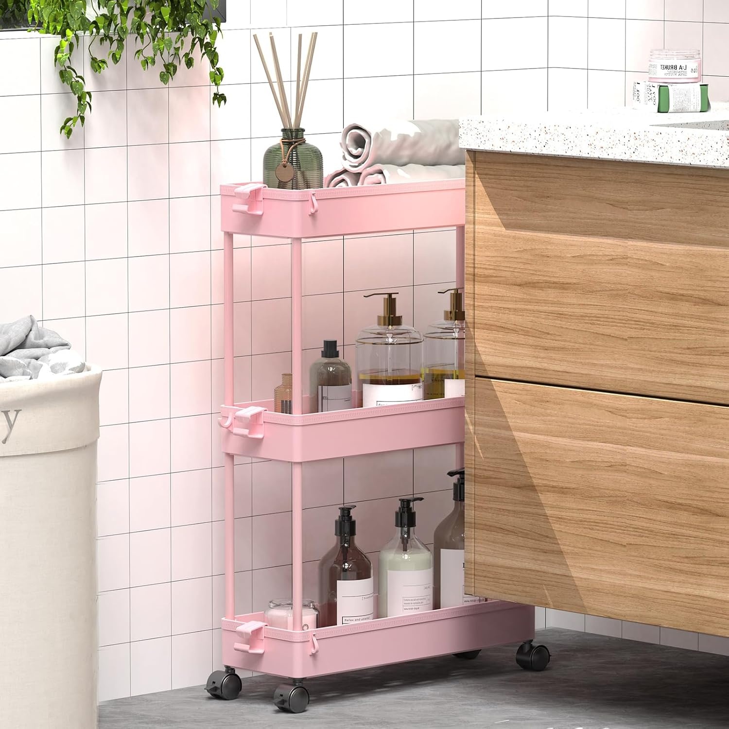 image:imageSPACEKEEPER Slim Rolling Storage Cart 3 Tier Bathroom Storage Organizer Laundry Room Utility Cart Mobile Shelving Unit MultiPurpose for Kitchen Office Bathroom Laundry Narrow Places BlackPink