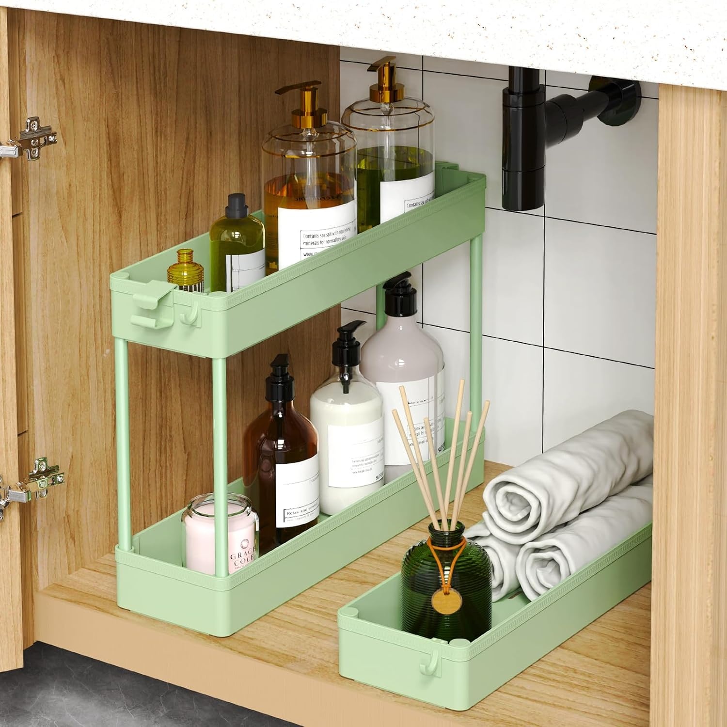 image:imageSPACEKEEPER Slim Rolling Storage Cart 3 Tier Bathroom Storage Organizer Laundry Room Utility Cart Mobile Shelving Unit MultiPurpose for Kitchen Office Bathroom Laundry Narrow Places BlackGreen