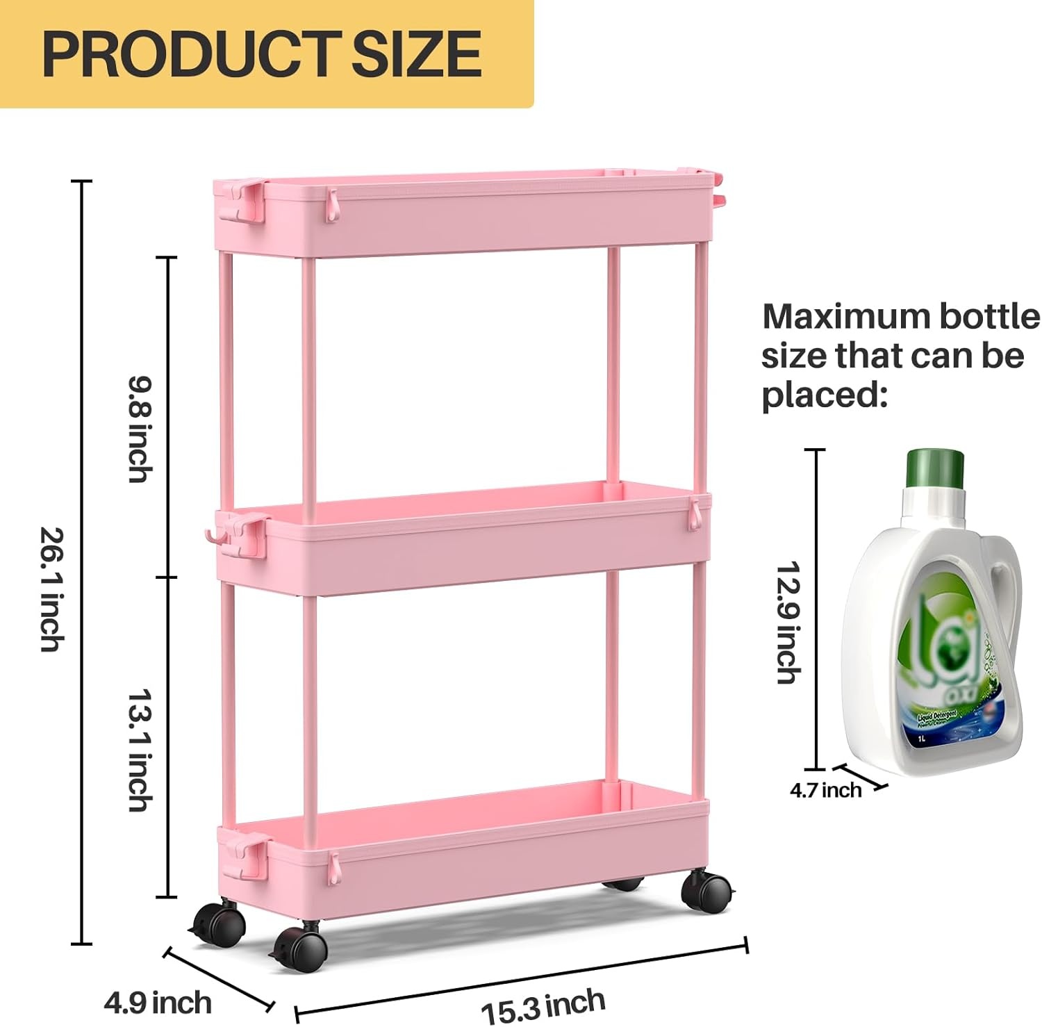 image:imageSPACEKEEPER Slim Rolling Storage Cart 3 Tier Bathroom Storage Organizer Laundry Room Utility Cart Mobile Shelving Unit MultiPurpose for Kitchen Office Bathroom Laundry Narrow Places BlackPink