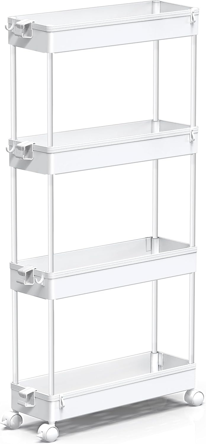 image:imageSPACEKEEPER Slim Rolling Storage Cart 4 Tier Bathroom Organizer Mobile Shelving Unit Storage Rolling Utility Cart Tower Rack for Kitchen Bathroom Laundry Narrow Places GrayWhite