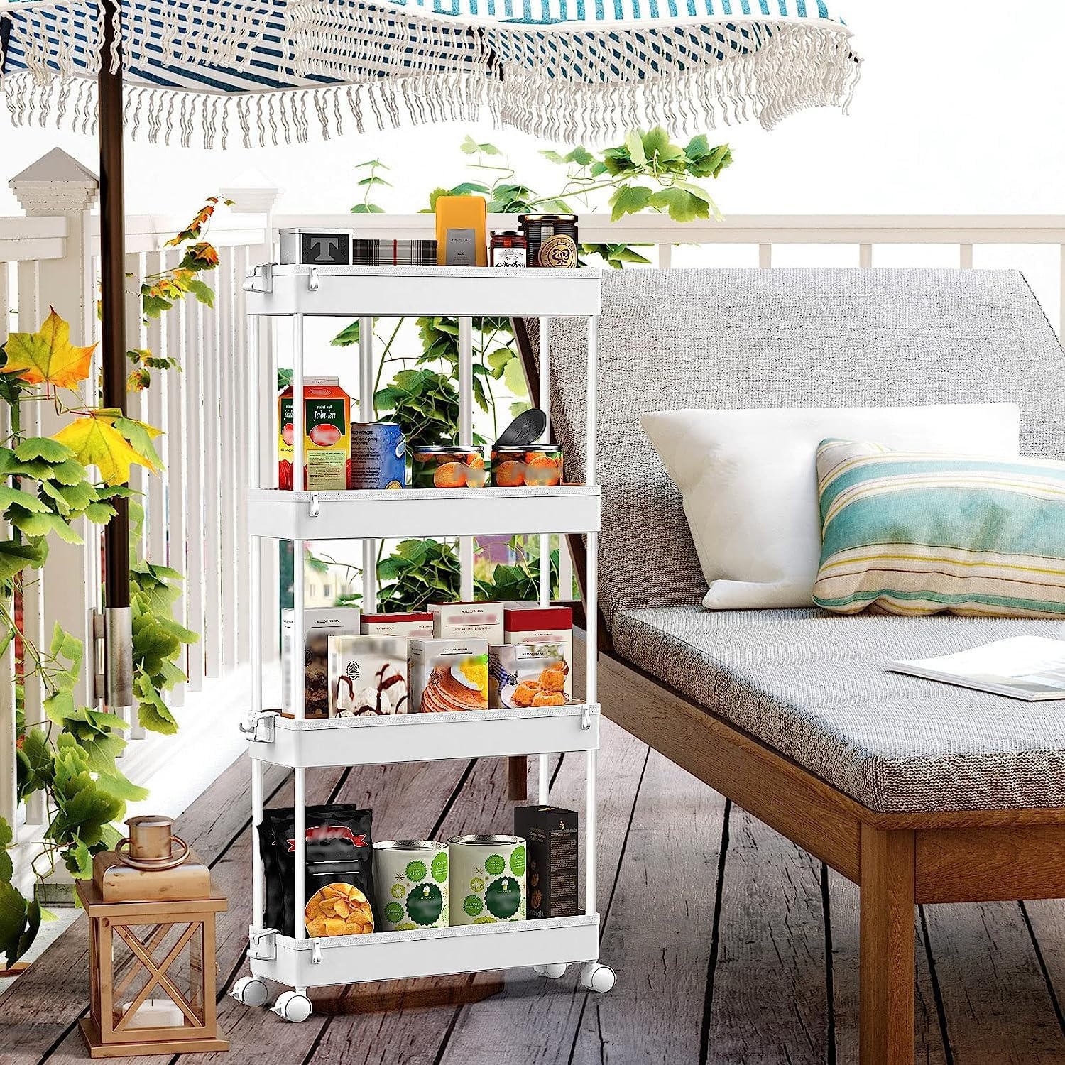 image:imageSPACEKEEPER Slim Rolling Storage Cart 4 Tier Bathroom Organizer Mobile Shelving Unit Storage Rolling Utility Cart Tower Rack for Kitchen Bathroom Laundry Narrow Places GrayWhite
