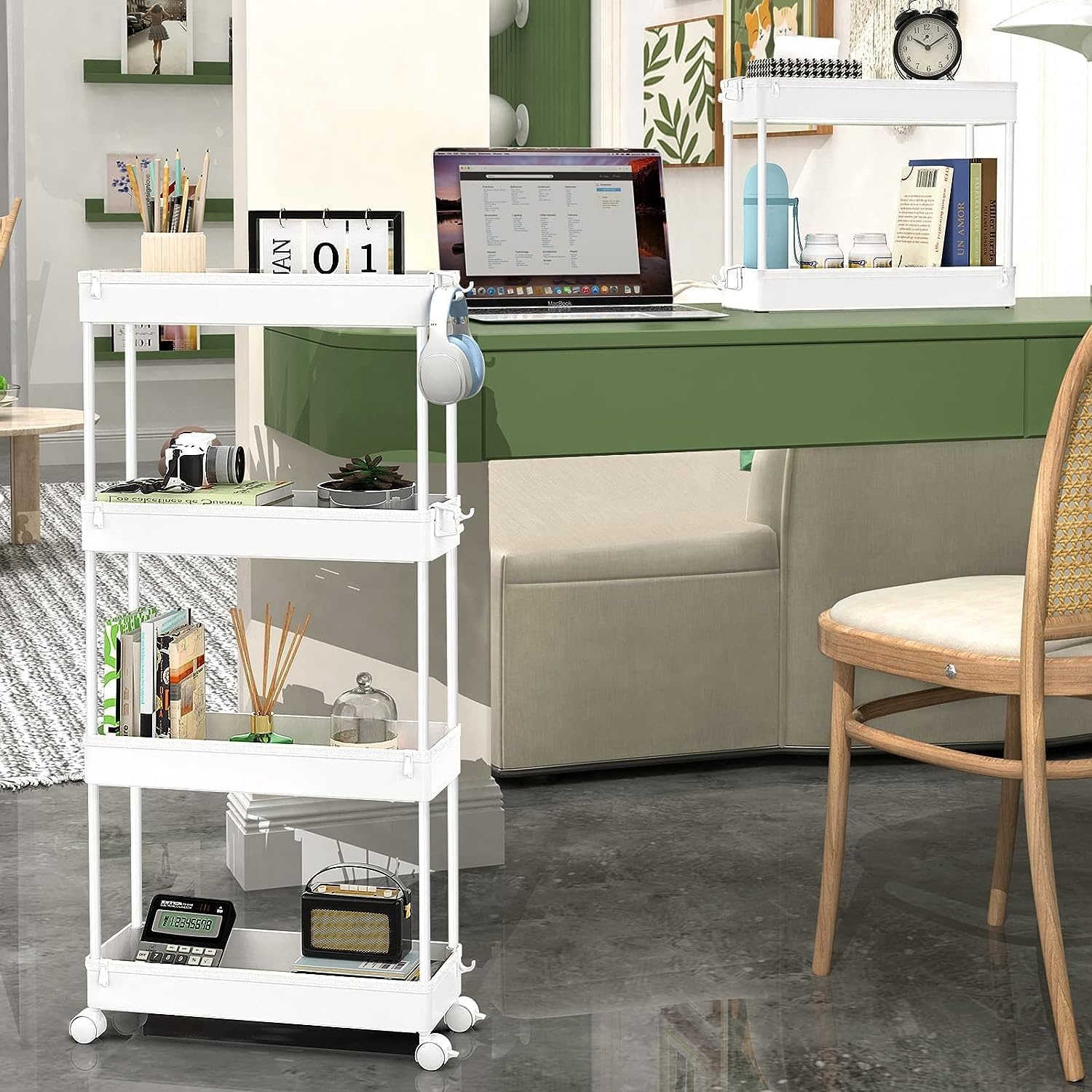 image:imageSPACEKEEPER Slim Rolling Storage Cart 4 Tier Bathroom Organizer Mobile Shelving Unit Storage Rolling Utility Cart Tower Rack for Kitchen Bathroom Laundry Narrow Places GrayWhite