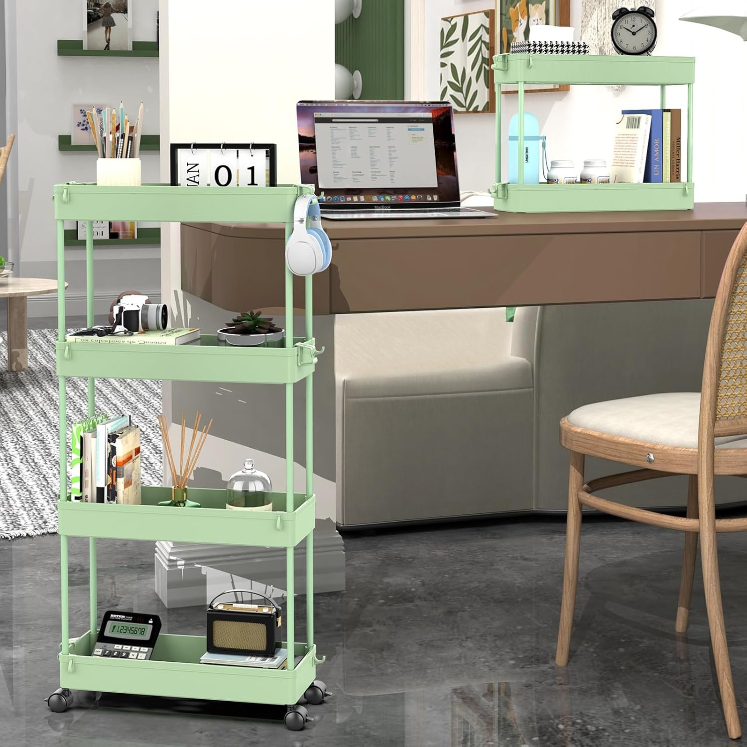 image:imageSPACEKEEPER Slim Rolling Storage Cart 4 Tier Bathroom Organizer Mobile Shelving Unit Storage Rolling Utility Cart Tower Rack for Kitchen Bathroom Laundry Narrow Places GrayGreen