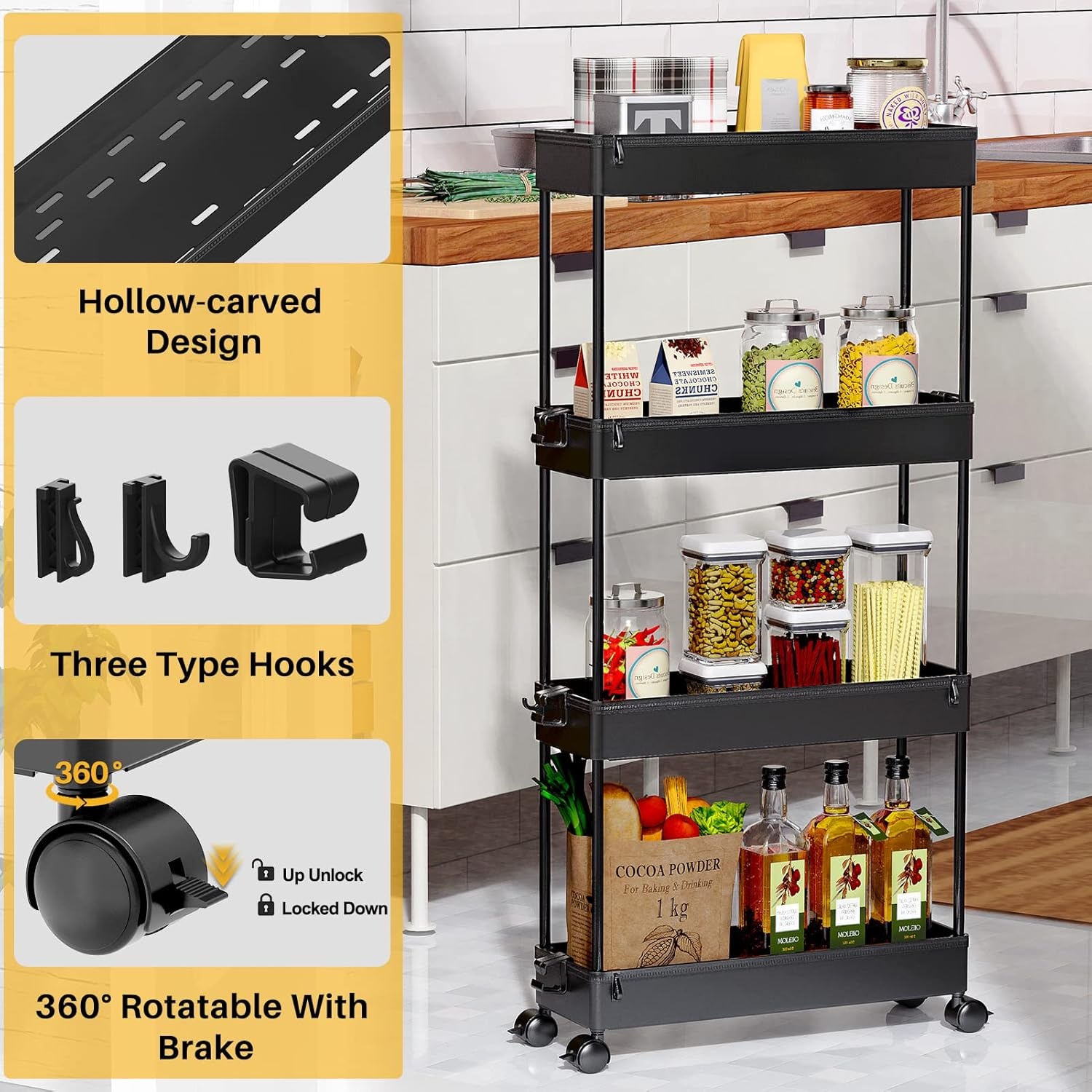 image:imageSPACEKEEPER Slim Rolling Storage Cart 4 Tier Bathroom Organizer Mobile Shelving Unit Storage Rolling Utility Cart Tower Rack for Kitchen Bathroom Laundry Narrow Places GrayBlack