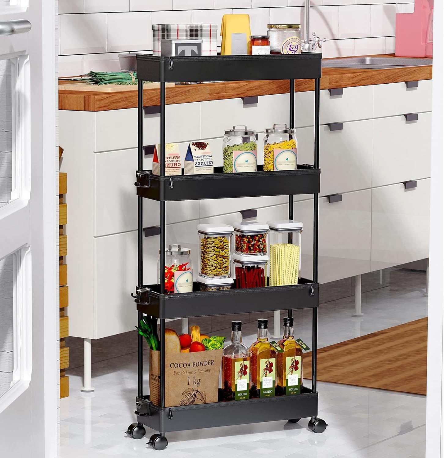 image:imageSPACEKEEPER Slim Rolling Storage Cart 4 Tier Bathroom Organizer Mobile Shelving Unit Storage Rolling Utility Cart Tower Rack for Kitchen Bathroom Laundry Narrow Places GrayBlack