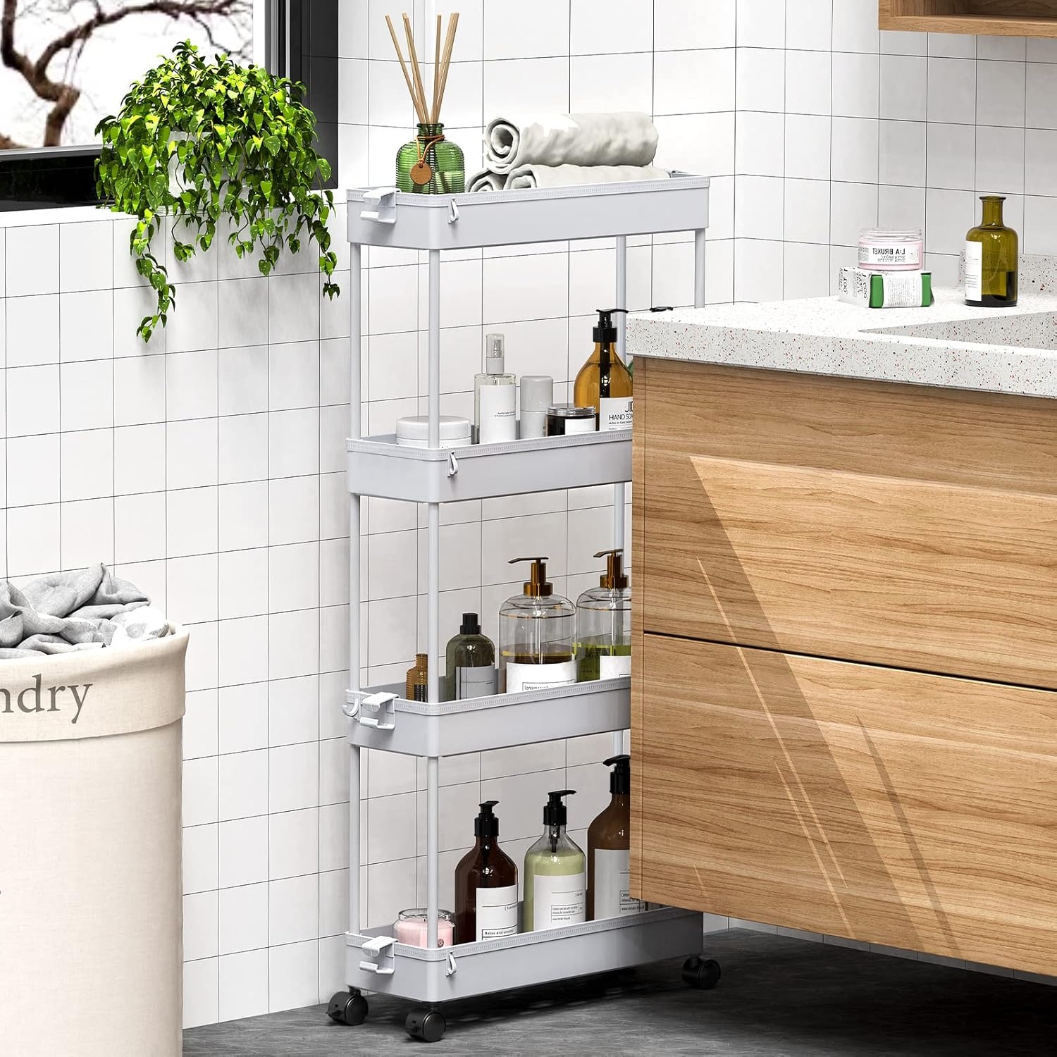image:imageSPACEKEEPER Slim Rolling Storage Cart 4 Tier Bathroom Organizer Mobile Shelving Unit Storage Rolling Utility Cart Tower Rack for Kitchen Bathroom Laundry Narrow Places GrayGrey