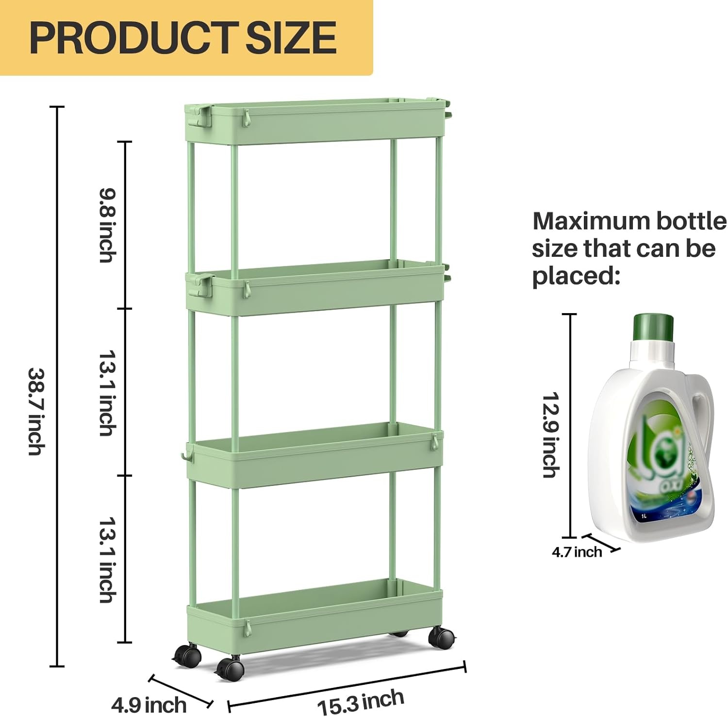 image:imageSPACEKEEPER Slim Rolling Storage Cart 4 Tier Bathroom Organizer Mobile Shelving Unit Storage Rolling Utility Cart Tower Rack for Kitchen Bathroom Laundry Narrow Places GrayGreen