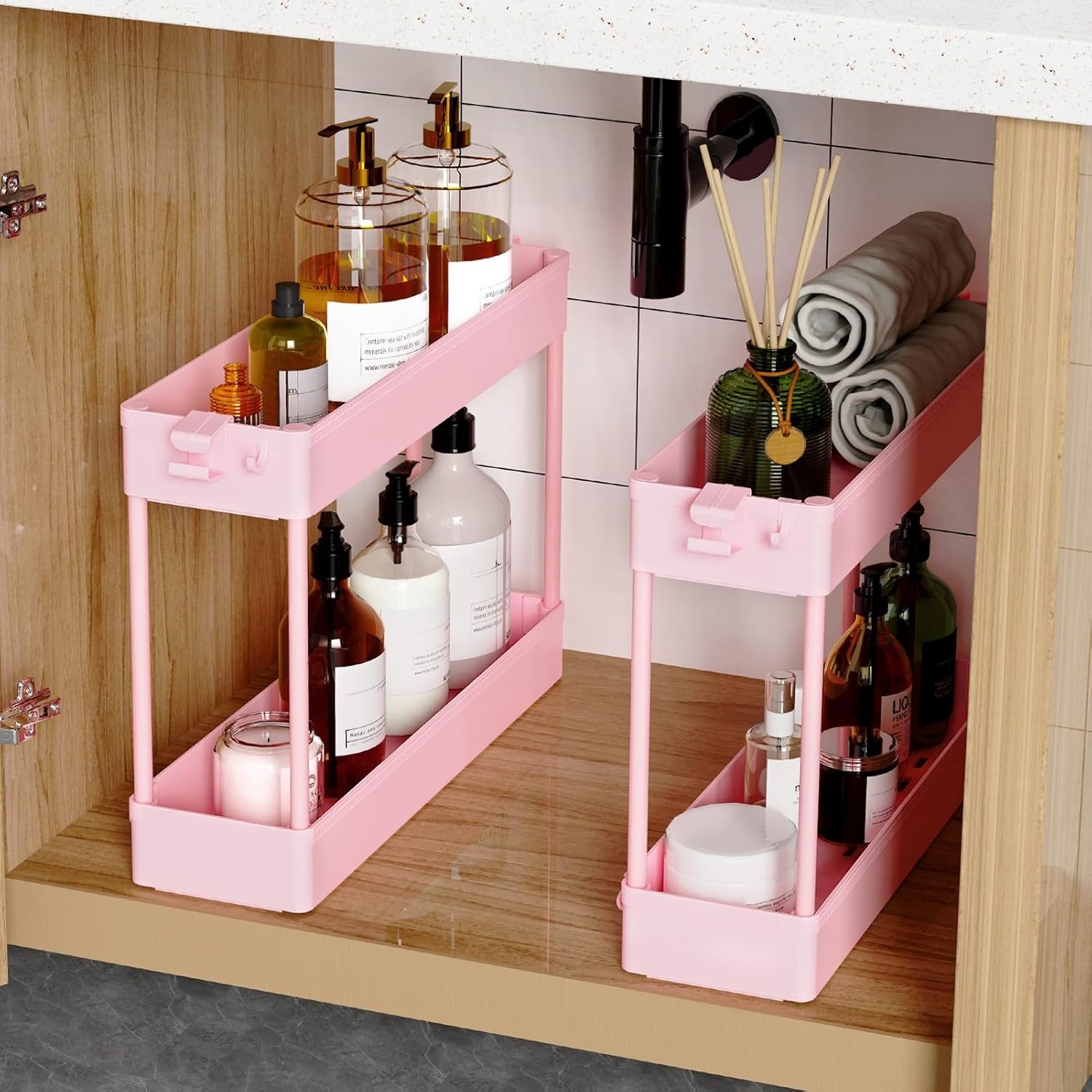 image:imageSPACEKEEPER Slim Rolling Storage Cart 4 Tier Bathroom Organizer Mobile Shelving Unit Storage Rolling Utility Cart Tower Rack for Kitchen Bathroom Laundry Narrow Places GrayPink