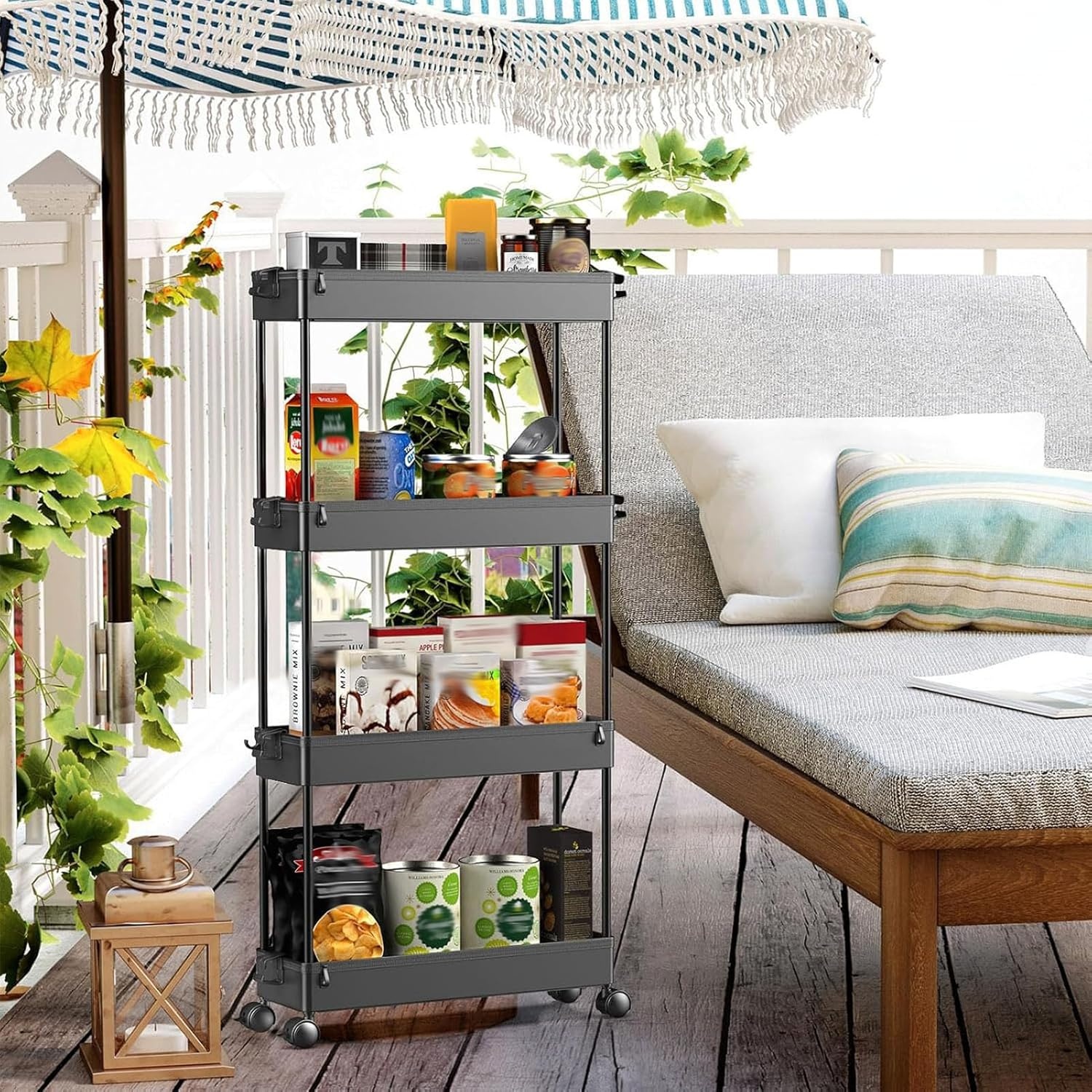 image:imageSPACEKEEPER Slim Rolling Storage Cart 4 Tier Bathroom Organizer Mobile Shelving Unit Storage Rolling Utility Cart Tower Rack for Kitchen Bathroom Laundry Narrow Places GrayBlack