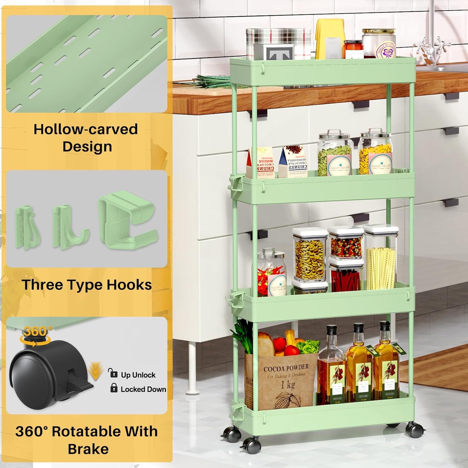 image:imageSPACEKEEPER Slim Rolling Storage Cart 4 Tier Bathroom Organizer Mobile Shelving Unit Storage Rolling Utility Cart Tower Rack for Kitchen Bathroom Laundry Narrow Places GrayGreen