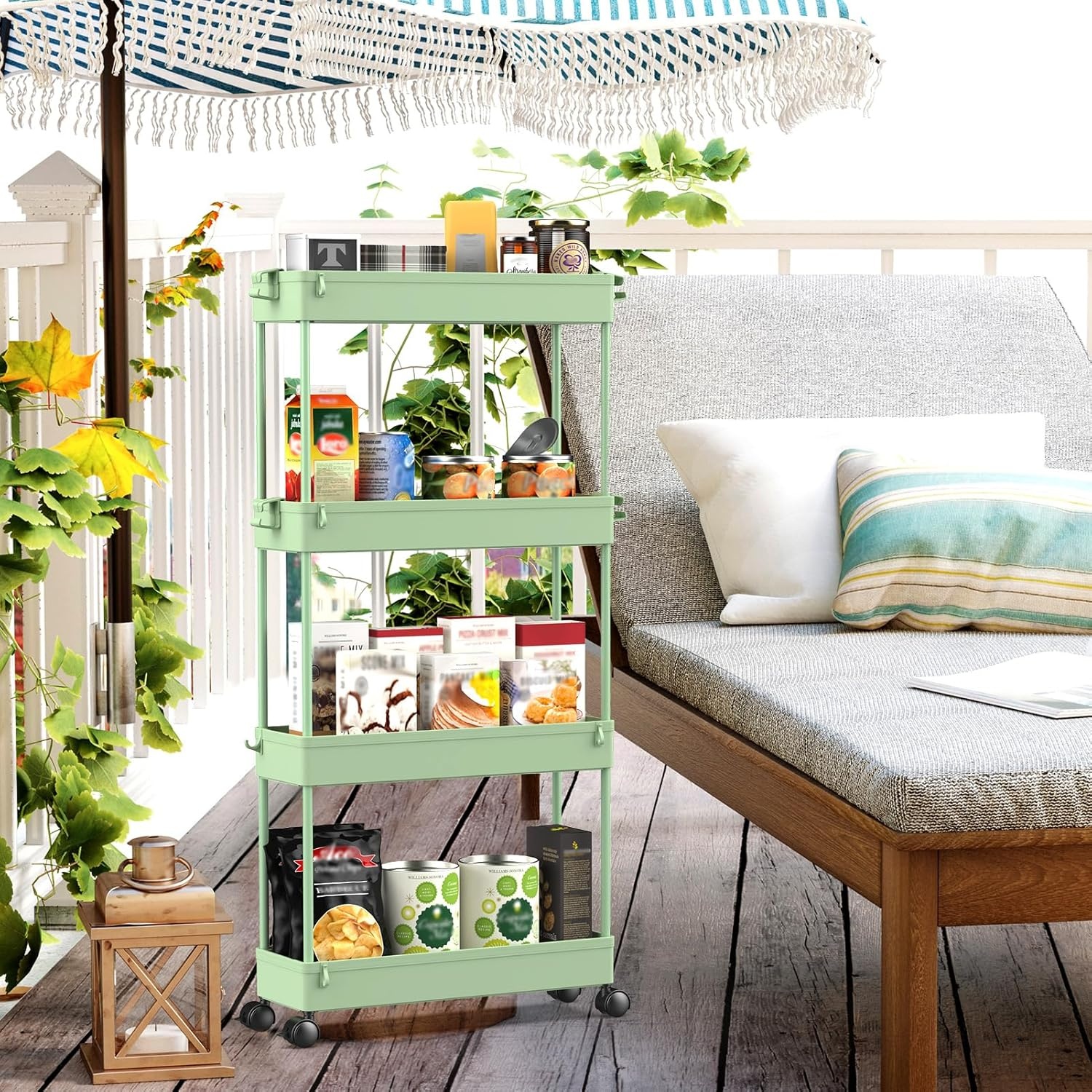 image:imageSPACEKEEPER Slim Rolling Storage Cart 4 Tier Bathroom Organizer Mobile Shelving Unit Storage Rolling Utility Cart Tower Rack for Kitchen Bathroom Laundry Narrow Places GrayGreen