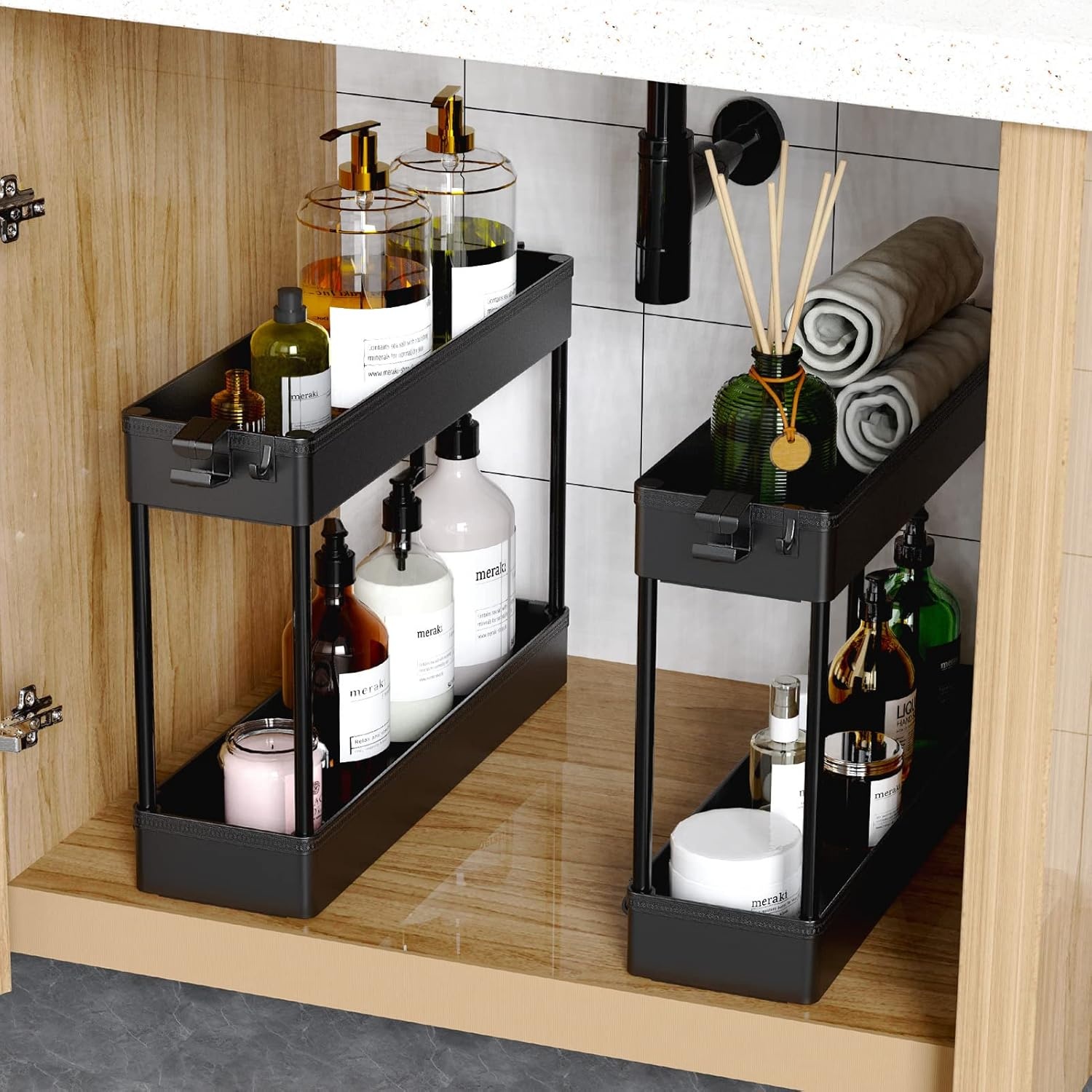 image:imageSPACEKEEPER Slim Rolling Storage Cart 4 Tier Bathroom Organizer Mobile Shelving Unit Storage Rolling Utility Cart Tower Rack for Kitchen Bathroom Laundry Narrow Places GrayBlack