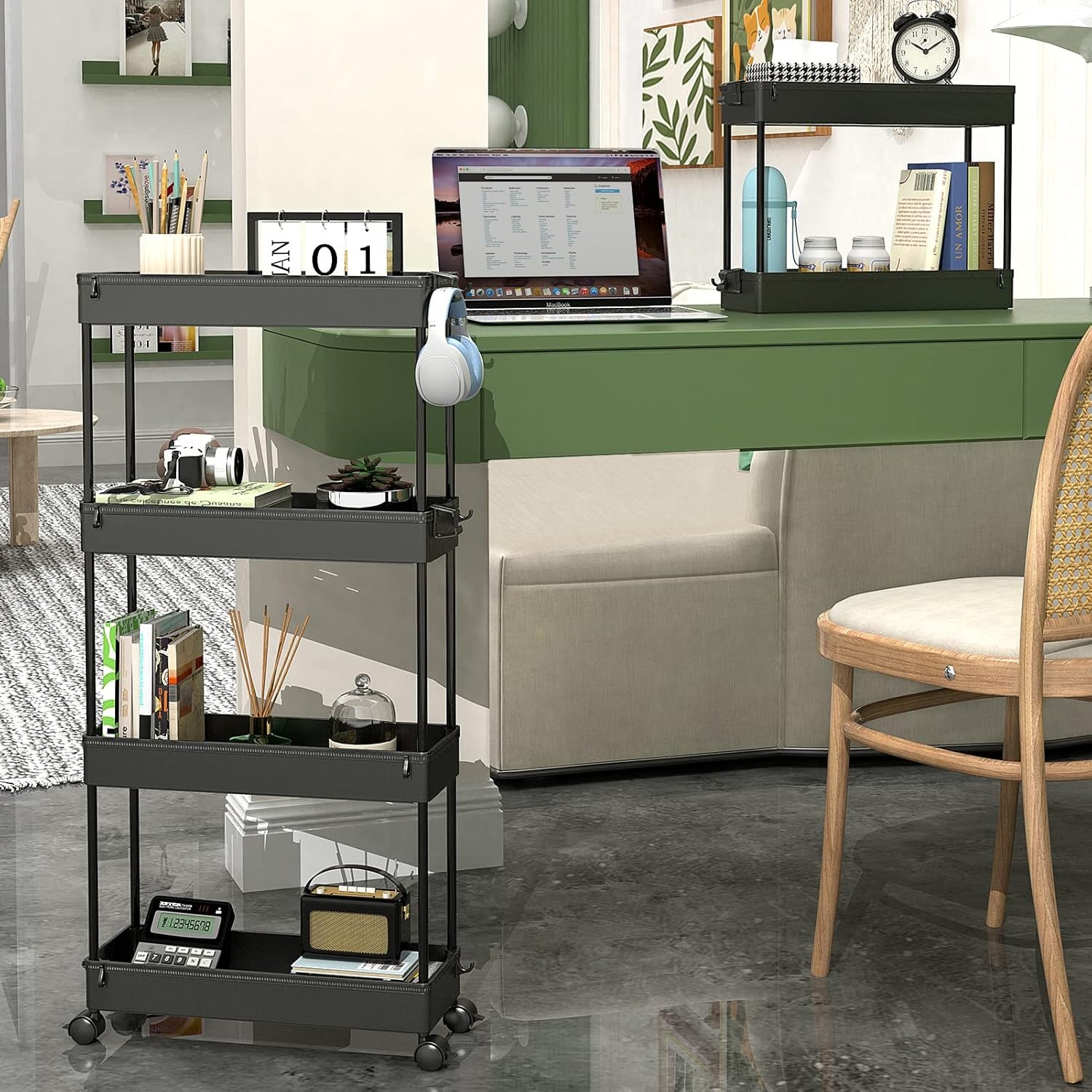 image:imageSPACEKEEPER Slim Rolling Storage Cart 4 Tier Bathroom Organizer Mobile Shelving Unit Storage Rolling Utility Cart Tower Rack for Kitchen Bathroom Laundry Narrow Places GrayBlack