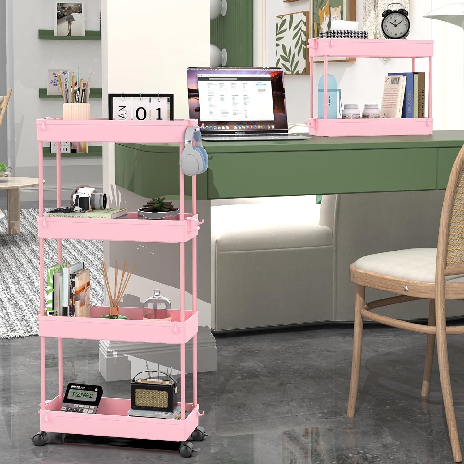 image:imageSPACEKEEPER Slim Rolling Storage Cart 4 Tier Bathroom Organizer Mobile Shelving Unit Storage Rolling Utility Cart Tower Rack for Kitchen Bathroom Laundry Narrow Places GrayPink