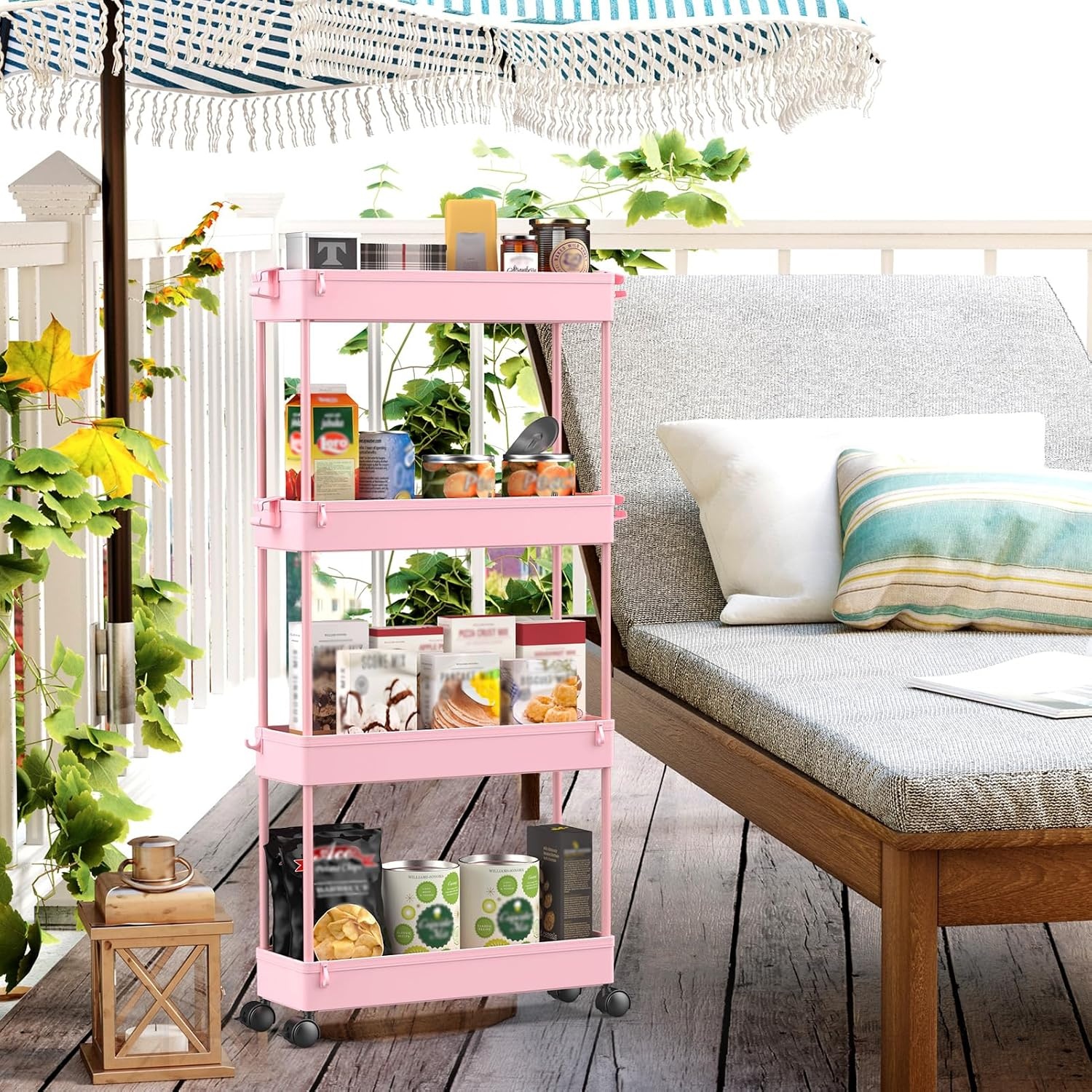 image:imageSPACEKEEPER Slim Rolling Storage Cart 4 Tier Bathroom Organizer Mobile Shelving Unit Storage Rolling Utility Cart Tower Rack for Kitchen Bathroom Laundry Narrow Places GrayPink