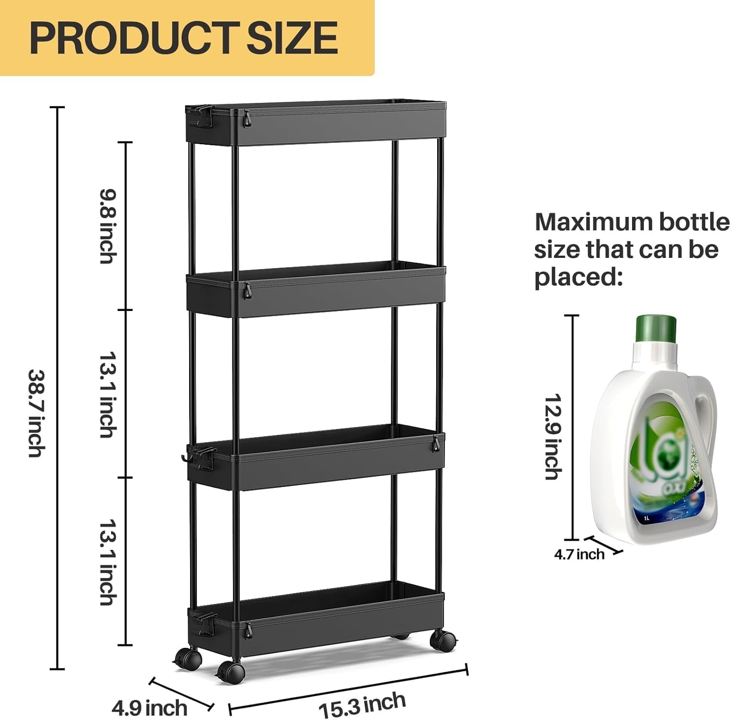 image:imageSPACEKEEPER Slim Rolling Storage Cart 4 Tier Bathroom Organizer Mobile Shelving Unit Storage Rolling Utility Cart Tower Rack for Kitchen Bathroom Laundry Narrow Places GrayBlack