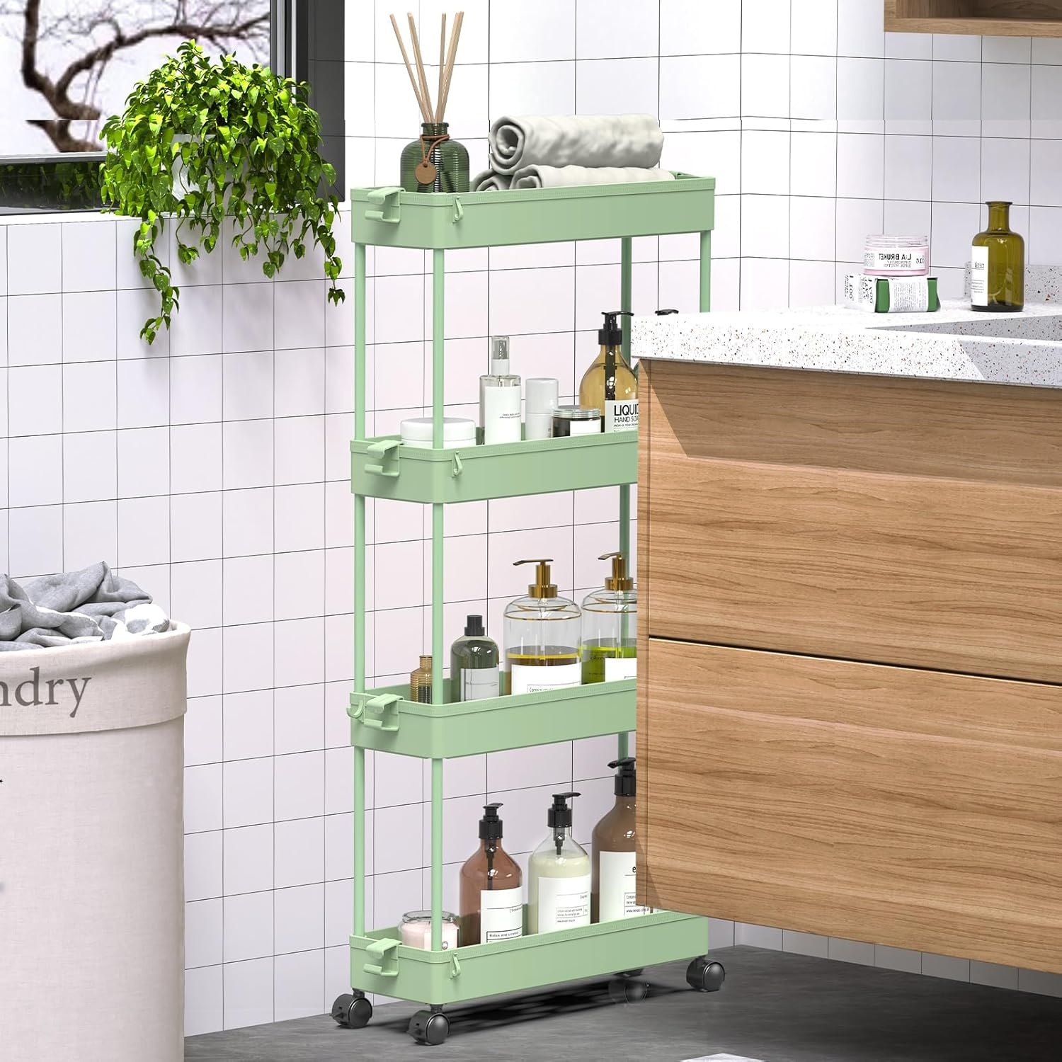 image:imageSPACEKEEPER Slim Rolling Storage Cart 4 Tier Bathroom Organizer Mobile Shelving Unit Storage Rolling Utility Cart Tower Rack for Kitchen Bathroom Laundry Narrow Places GrayGreen