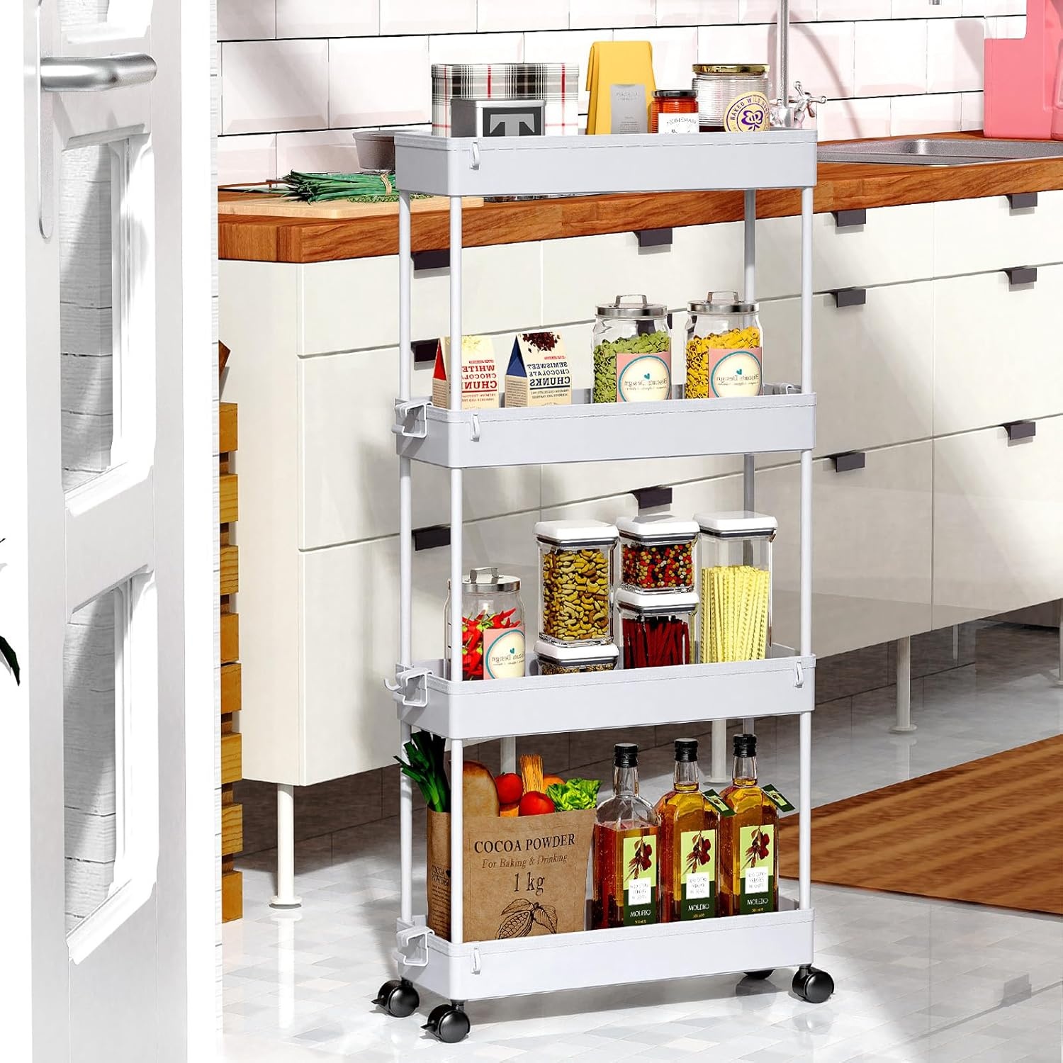 image:imageSPACEKEEPER Slim Rolling Storage Cart 4 Tier Bathroom Organizer Mobile Shelving Unit Storage Rolling Utility Cart Tower Rack for Kitchen Bathroom Laundry Narrow Places GrayGrey