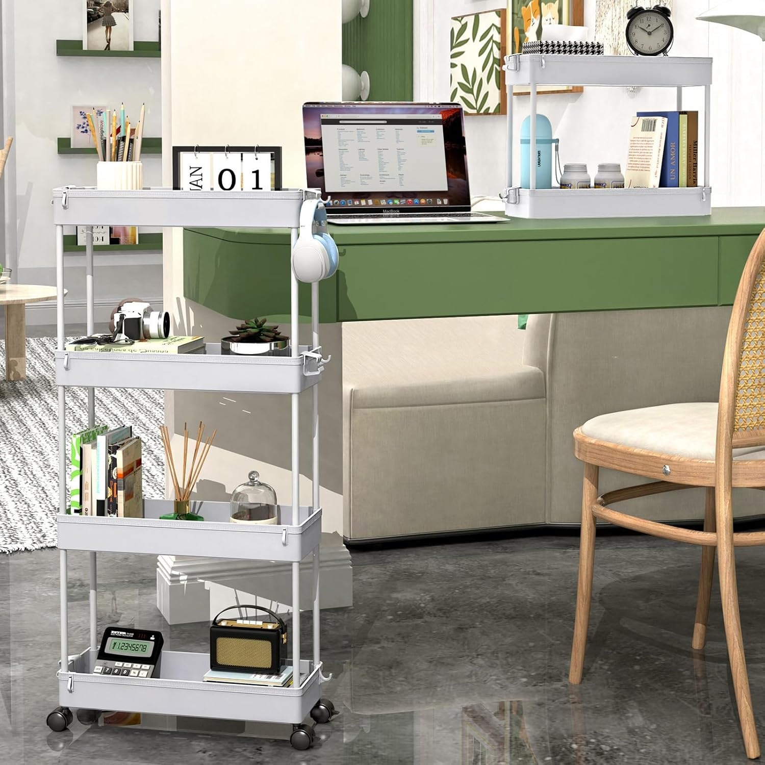 image:imageSPACEKEEPER Slim Rolling Storage Cart 4 Tier Bathroom Organizer Mobile Shelving Unit Storage Rolling Utility Cart Tower Rack for Kitchen Bathroom Laundry Narrow Places GrayGrey