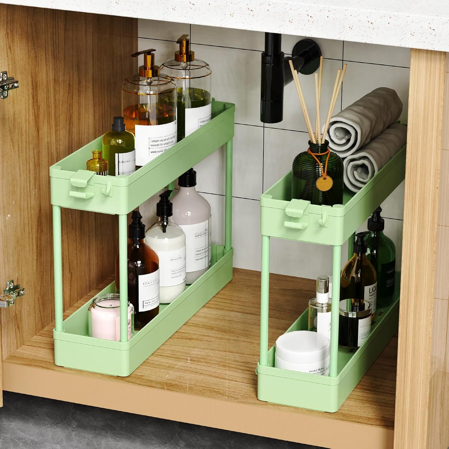 image:imageSPACEKEEPER Slim Rolling Storage Cart 4 Tier Bathroom Organizer Mobile Shelving Unit Storage Rolling Utility Cart Tower Rack for Kitchen Bathroom Laundry Narrow Places GrayGreen