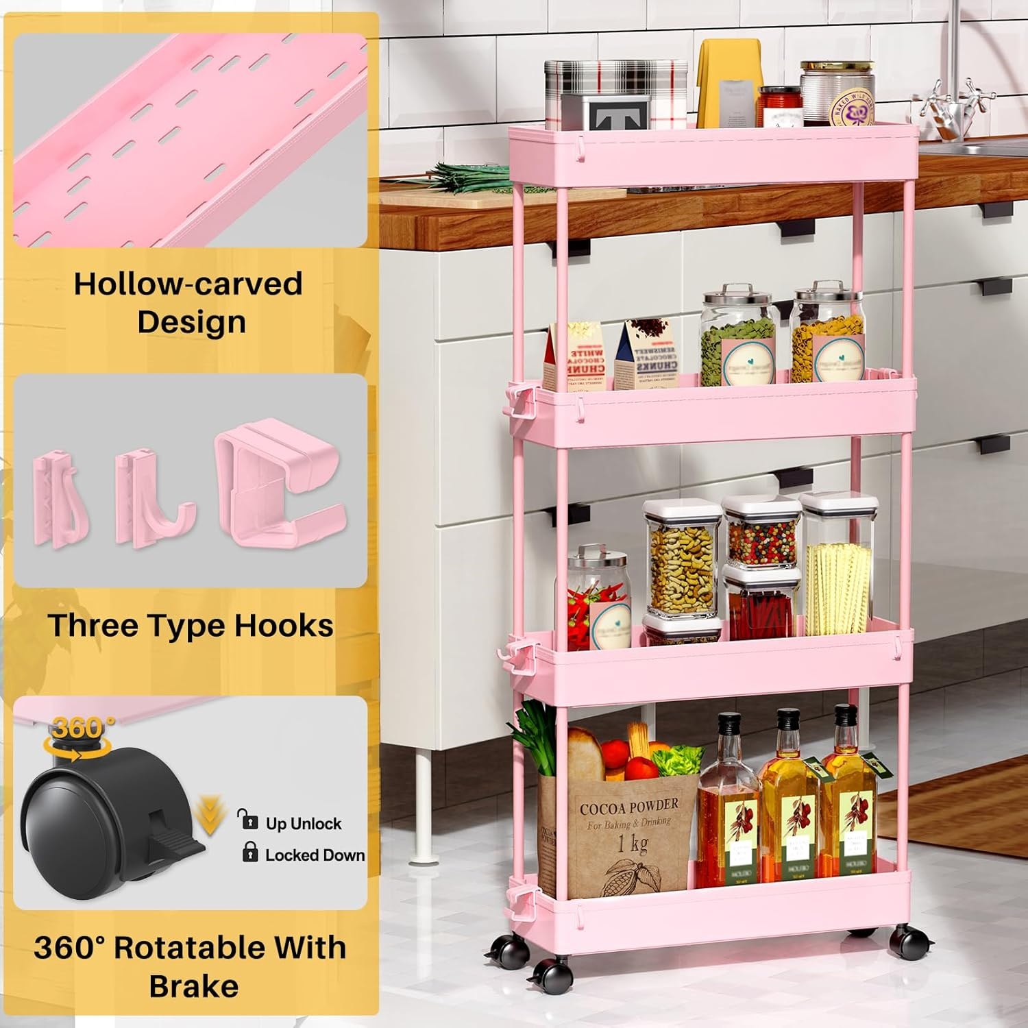 image:imageSPACEKEEPER Slim Rolling Storage Cart 4 Tier Bathroom Organizer Mobile Shelving Unit Storage Rolling Utility Cart Tower Rack for Kitchen Bathroom Laundry Narrow Places GrayPink