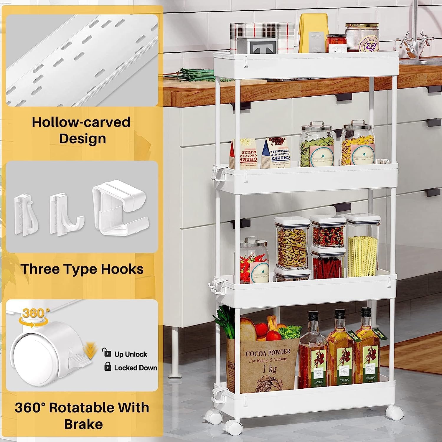 image:imageSPACEKEEPER Slim Rolling Storage Cart 4 Tier Bathroom Organizer Mobile Shelving Unit Storage Rolling Utility Cart Tower Rack for Kitchen Bathroom Laundry Narrow Places GrayWhite