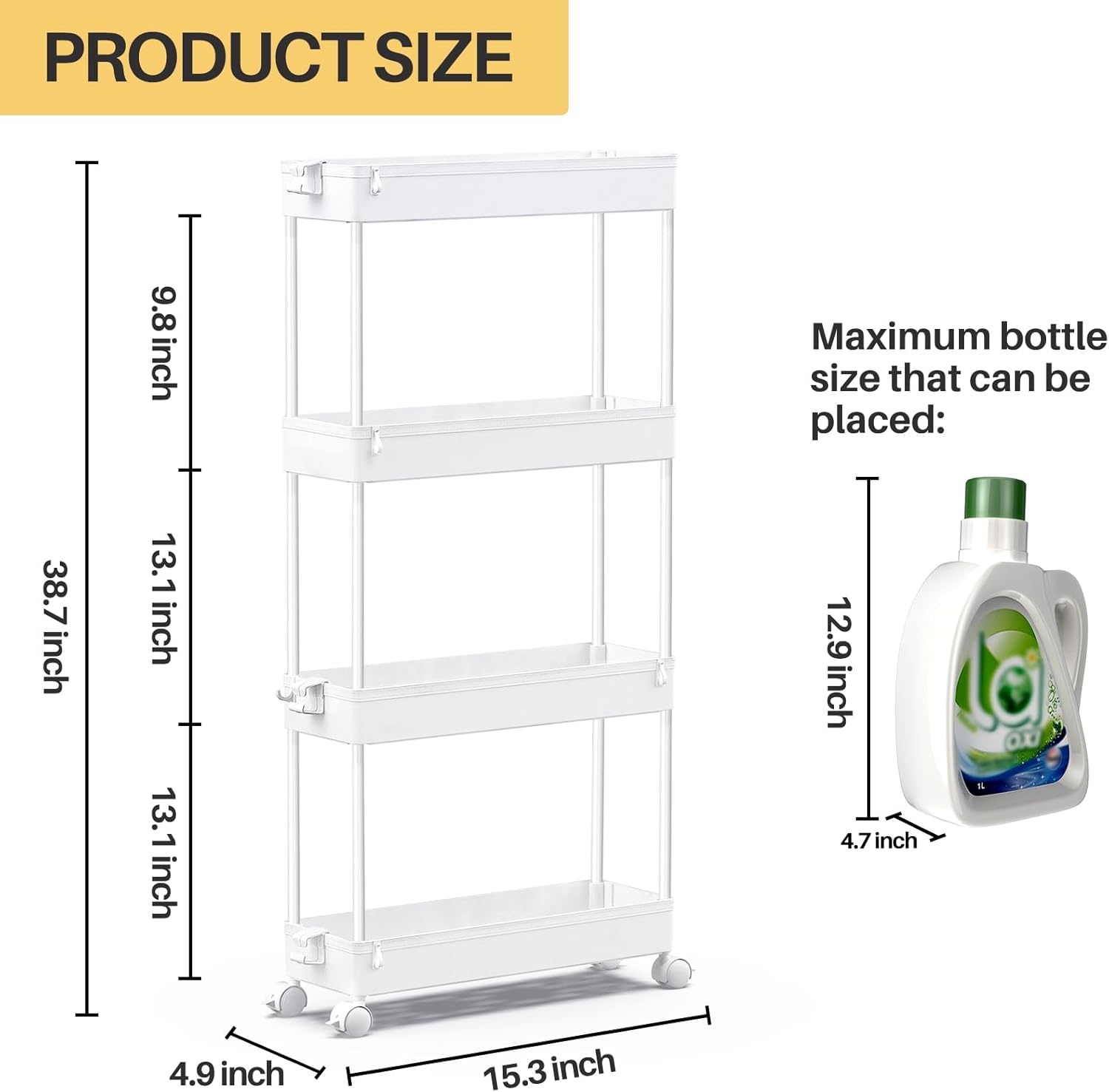 image:imageSPACEKEEPER Slim Rolling Storage Cart 4 Tier Bathroom Organizer Mobile Shelving Unit Storage Rolling Utility Cart Tower Rack for Kitchen Bathroom Laundry Narrow Places GrayWhite
