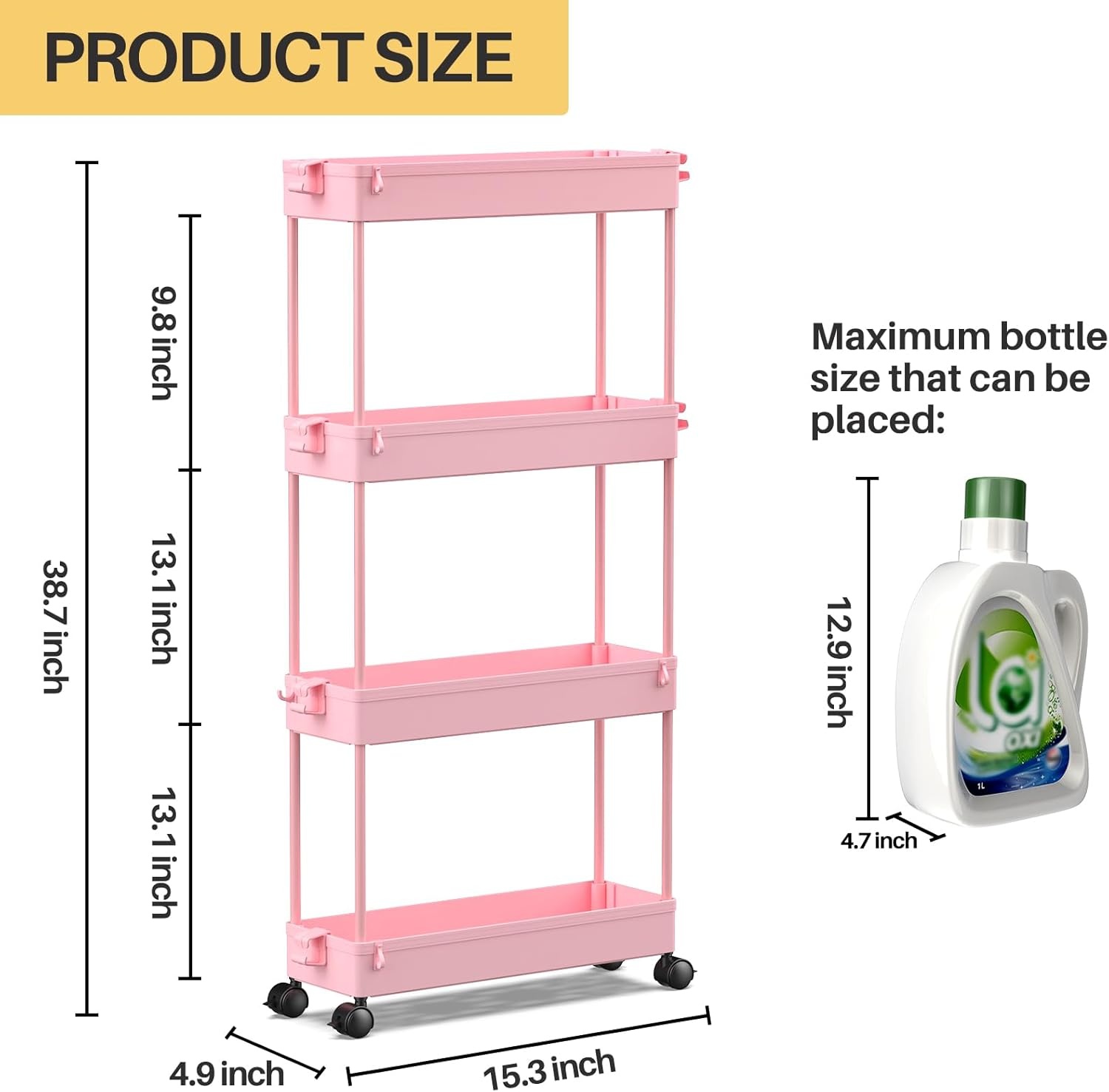 image:imageSPACEKEEPER Slim Rolling Storage Cart 4 Tier Bathroom Organizer Mobile Shelving Unit Storage Rolling Utility Cart Tower Rack for Kitchen Bathroom Laundry Narrow Places GrayPink