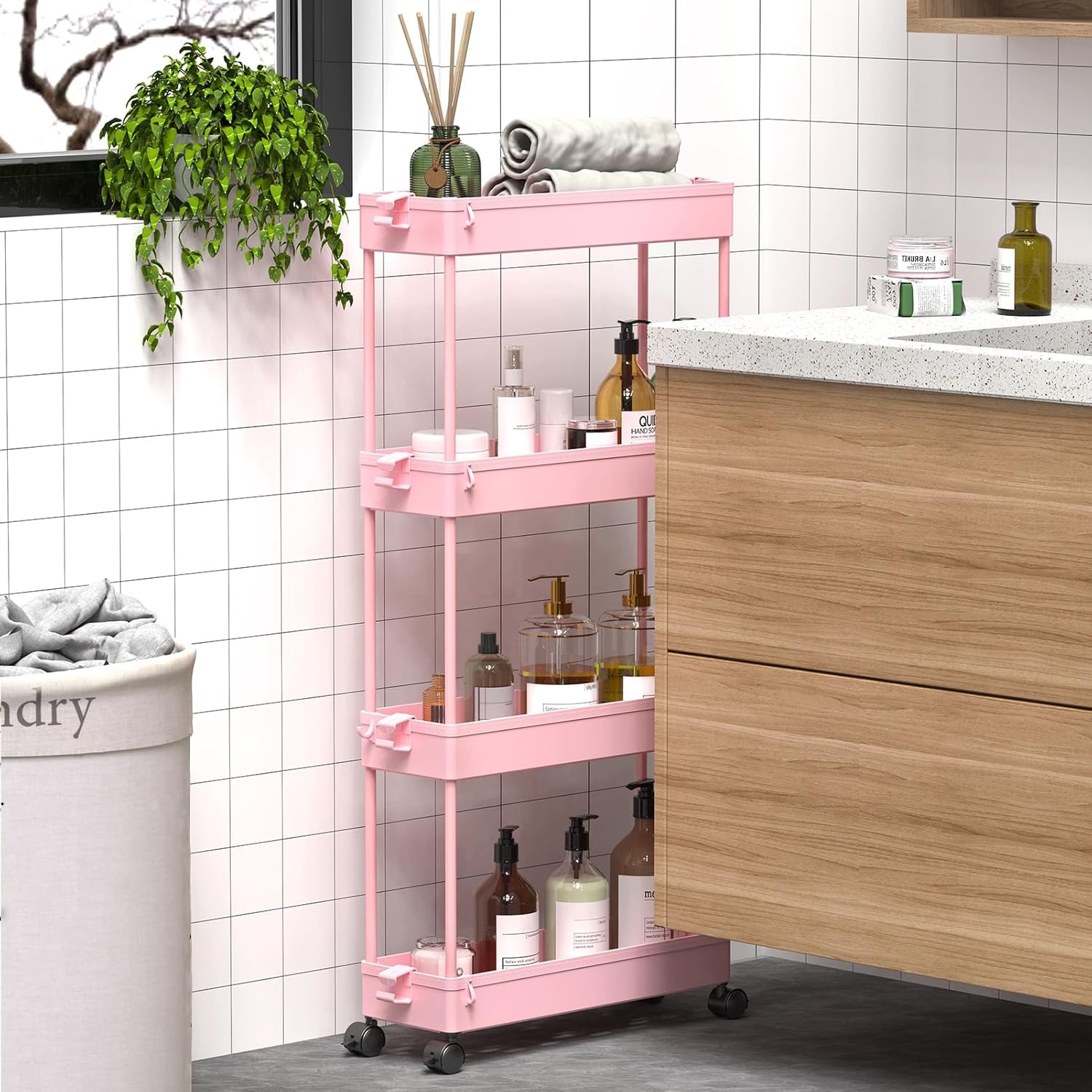 image:imageSPACEKEEPER Slim Rolling Storage Cart 4 Tier Bathroom Organizer Mobile Shelving Unit Storage Rolling Utility Cart Tower Rack for Kitchen Bathroom Laundry Narrow Places GrayPink