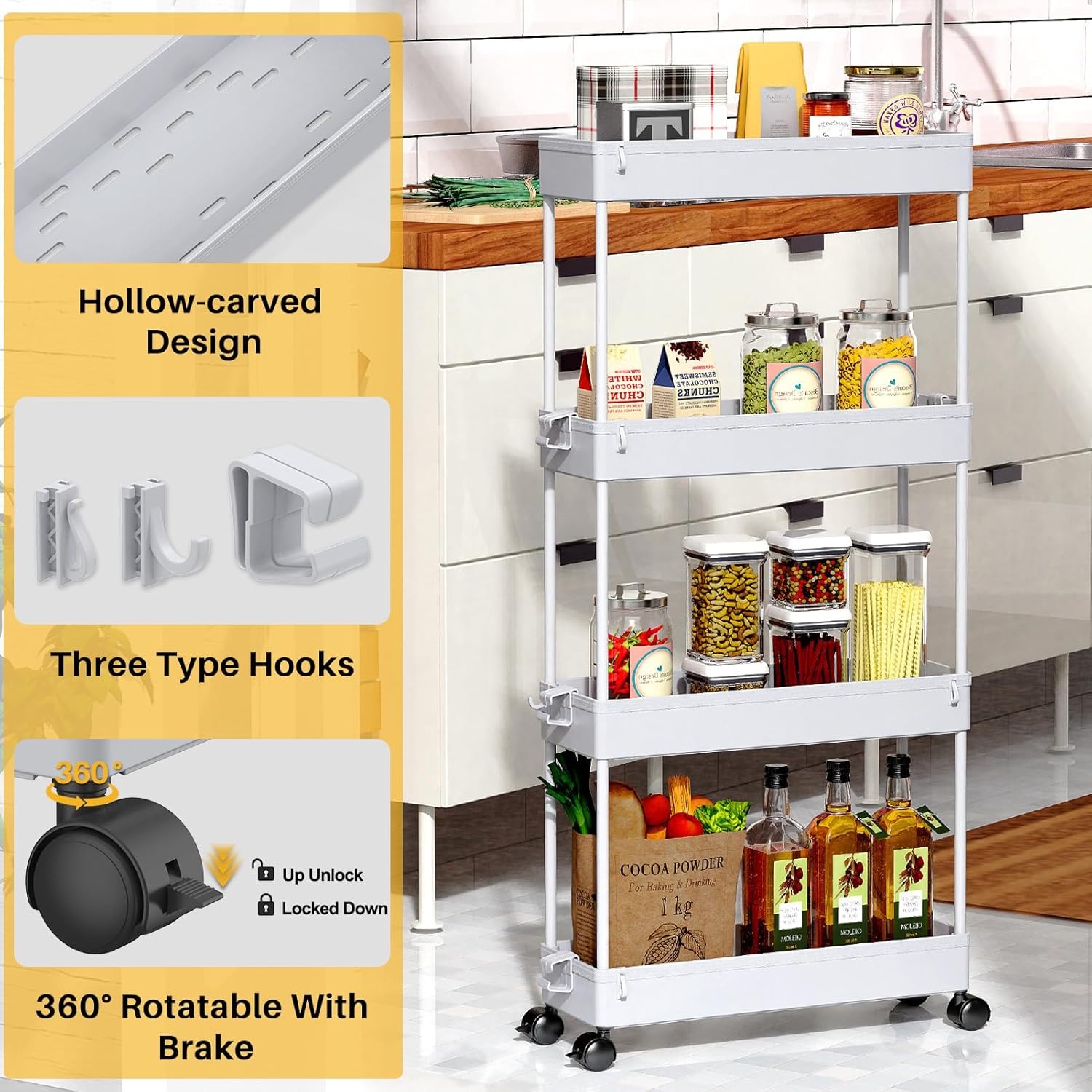image:imageSPACEKEEPER Slim Rolling Storage Cart 4 Tier Bathroom Organizer Mobile Shelving Unit Storage Rolling Utility Cart Tower Rack for Kitchen Bathroom Laundry Narrow Places GrayGrey