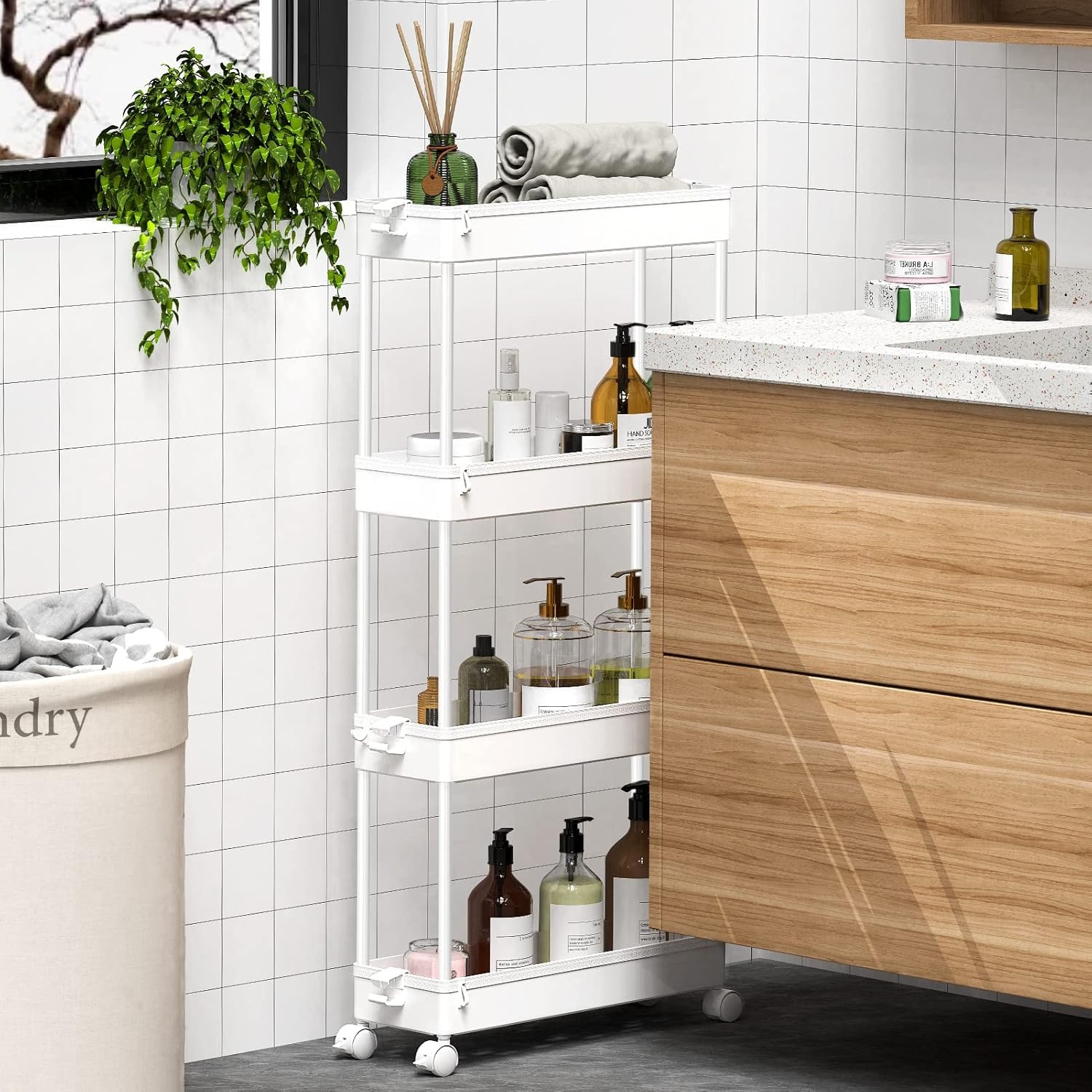 image:imageSPACEKEEPER Slim Rolling Storage Cart 4 Tier Bathroom Organizer Mobile Shelving Unit Storage Rolling Utility Cart Tower Rack for Kitchen Bathroom Laundry Narrow Places GrayWhite