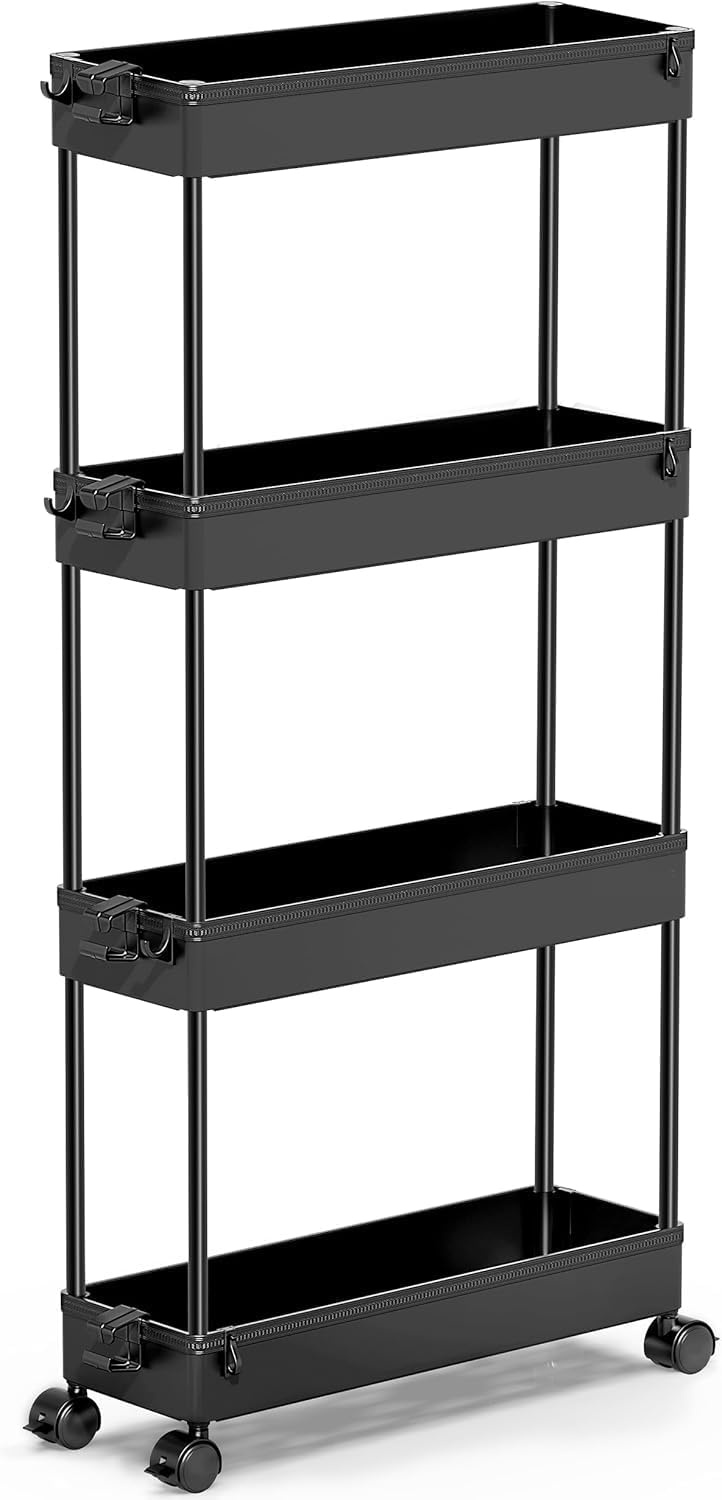 image:imageSPACEKEEPER Slim Rolling Storage Cart 4 Tier Bathroom Organizer Mobile Shelving Unit Storage Rolling Utility Cart Tower Rack for Kitchen Bathroom Laundry Narrow Places GrayBlack