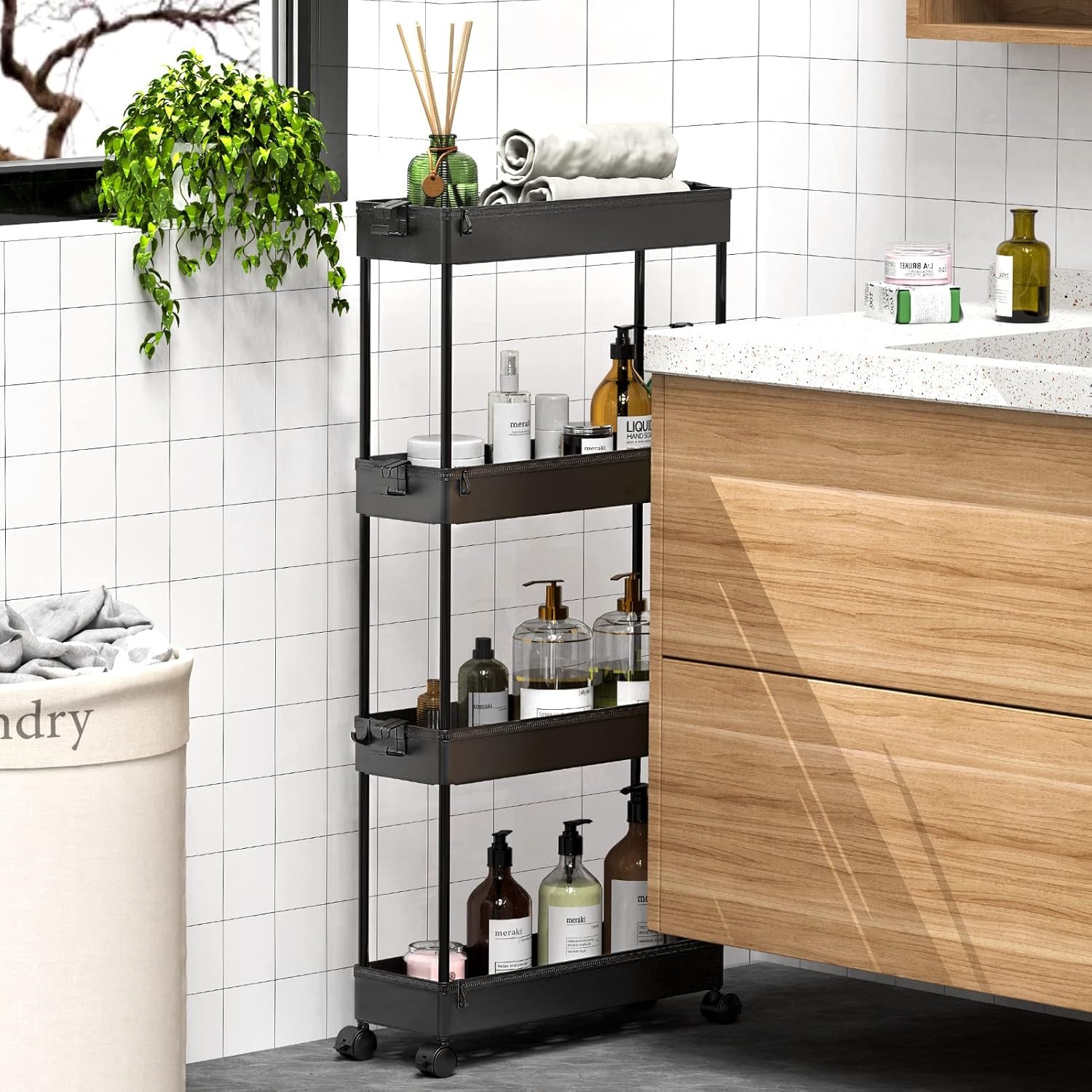 image:imageSPACEKEEPER Slim Rolling Storage Cart 4 Tier Bathroom Organizer Mobile Shelving Unit Storage Rolling Utility Cart Tower Rack for Kitchen Bathroom Laundry Narrow Places GrayBlack