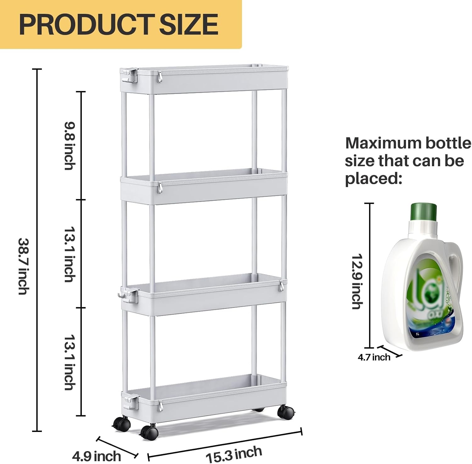 image:imageSPACEKEEPER Slim Rolling Storage Cart 4 Tier Bathroom Organizer Mobile Shelving Unit Storage Rolling Utility Cart Tower Rack for Kitchen Bathroom Laundry Narrow Places GrayGrey