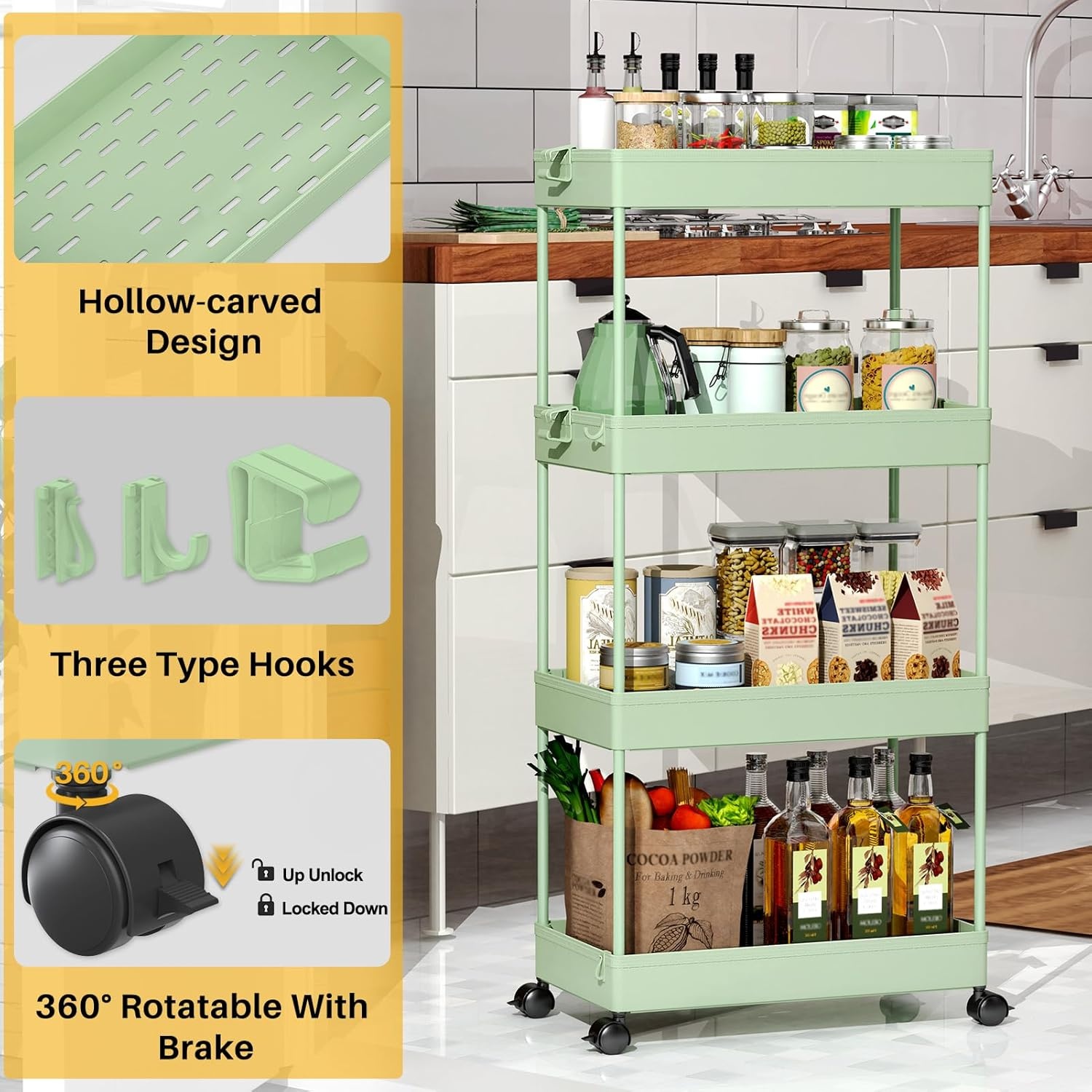 image:imageSPACEKEEPER Storage Cart 4Tier Mobile Shelving Unit Bathroom Rolling Cart Utility Storage Organizer Shelf for Kitchen Living Room Bathroom Laundry Room amp Dressers WhiteGreen