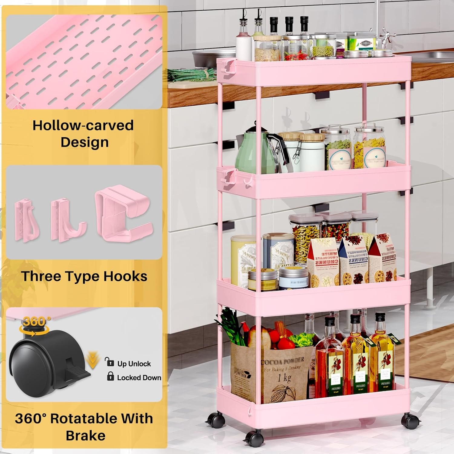 image:imageSPACEKEEPER Storage Cart 4Tier Mobile Shelving Unit Bathroom Rolling Cart Utility Storage Organizer Shelf for Kitchen Living Room Bathroom Laundry Room amp Dressers WhitePink