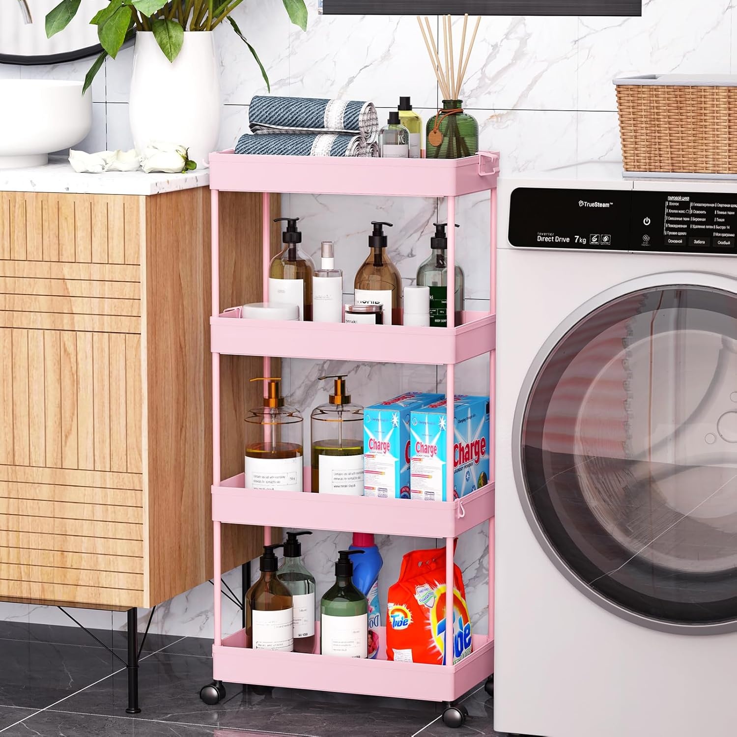 image:imageSPACEKEEPER Storage Cart 4Tier Mobile Shelving Unit Bathroom Rolling Cart Utility Storage Organizer Shelf for Kitchen Living Room Bathroom Laundry Room amp Dressers WhitePink