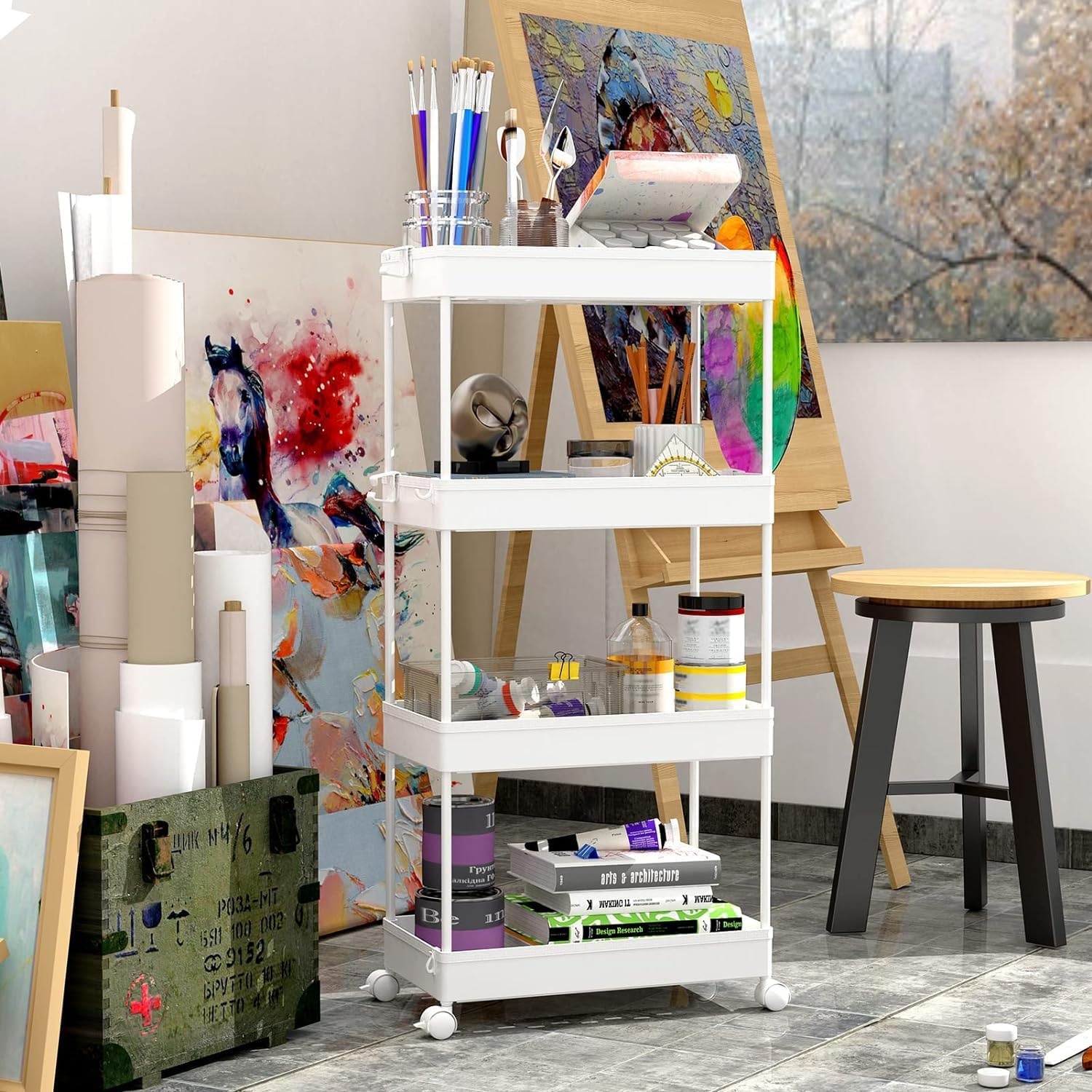 image:imageSPACEKEEPER Storage Cart 4Tier Mobile Shelving Unit Bathroom Rolling Cart Utility Storage Organizer Shelf for Kitchen Living Room Bathroom Laundry Room amp Dressers WhiteWhite