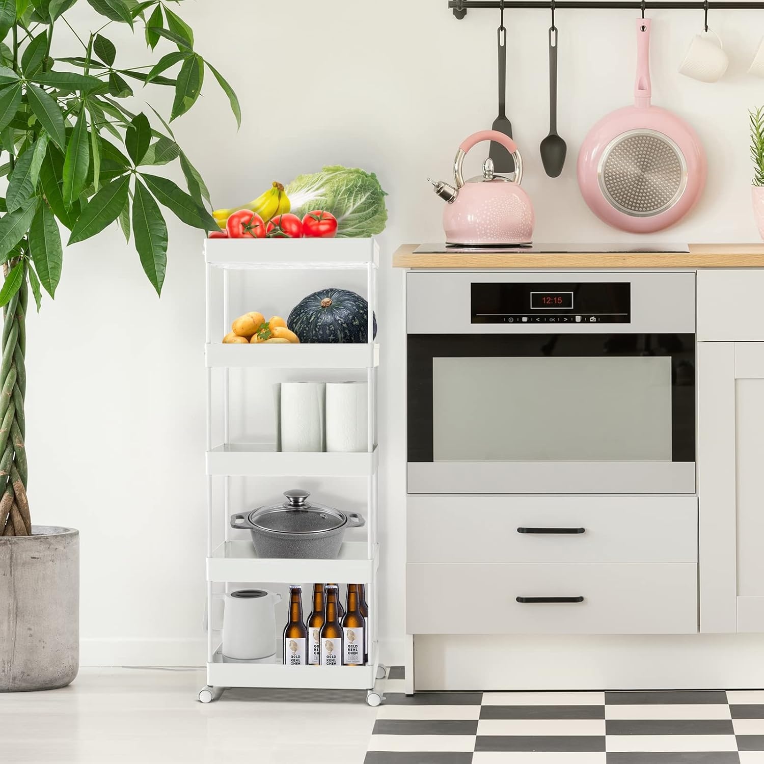 image:imageSPACEKEEPER Storage Cart 4Tier Mobile Shelving Unit Bathroom Rolling Cart Utility Storage Organizer Shelf for Kitchen Living Room Bathroom Laundry Room amp Dressers WhiteWhite