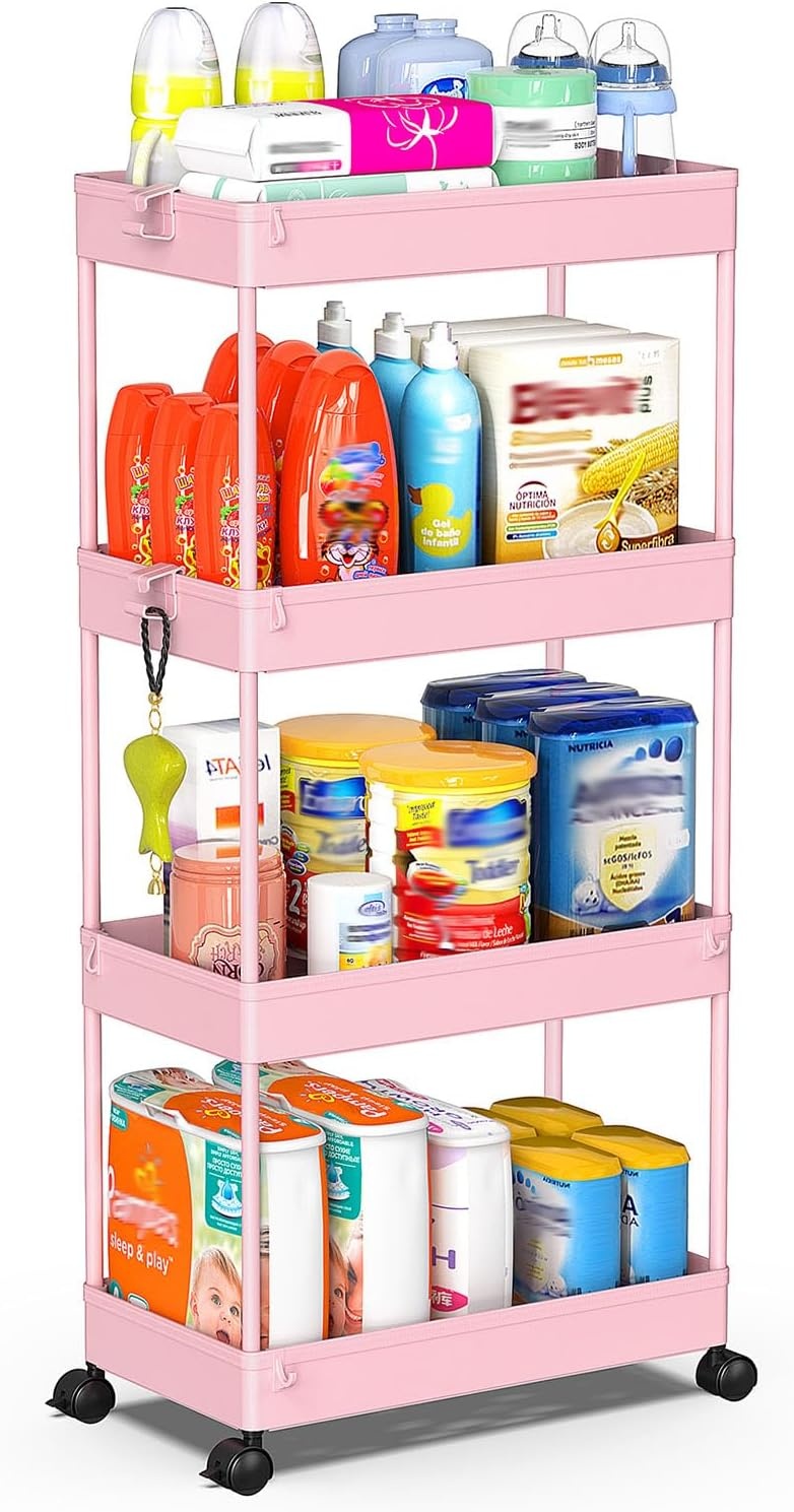 image:imageSPACEKEEPER Storage Cart 4Tier Mobile Shelving Unit Bathroom Rolling Cart Utility Storage Organizer Shelf for Kitchen Living Room Bathroom Laundry Room amp Dressers WhitePink