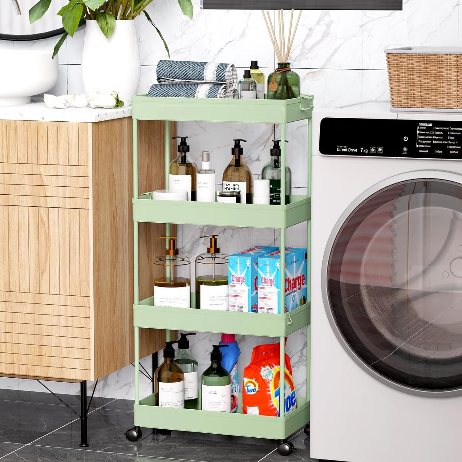 image:imageSPACEKEEPER Storage Cart 4Tier Mobile Shelving Unit Bathroom Rolling Cart Utility Storage Organizer Shelf for Kitchen Living Room Bathroom Laundry Room amp Dressers WhiteGreen