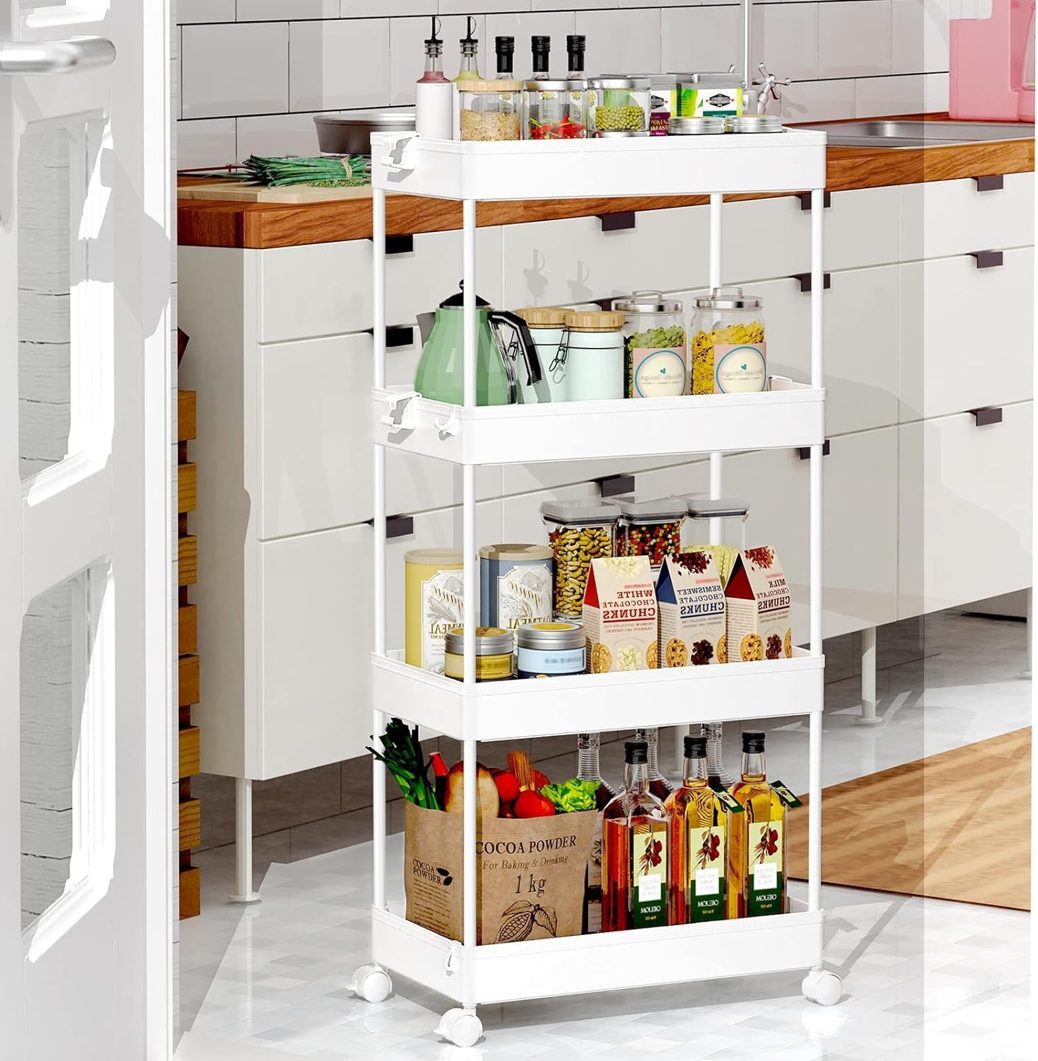 image:imageSPACEKEEPER Storage Cart 4Tier Mobile Shelving Unit Bathroom Rolling Cart Utility Storage Organizer Shelf for Kitchen Living Room Bathroom Laundry Room amp Dressers WhiteWhite