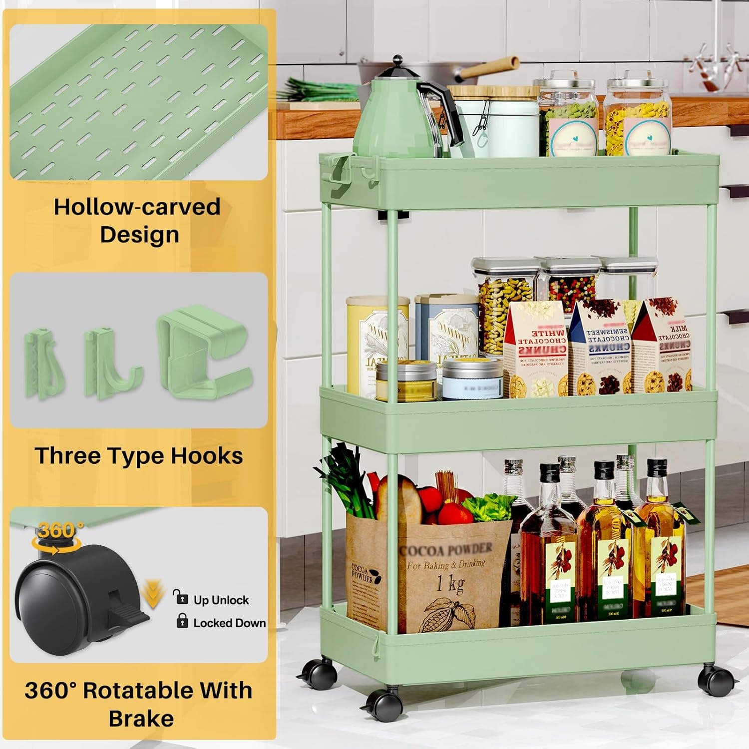 image:imageSPACEKEEPER Storage Cart 4Tier Mobile Shelving Unit Bathroom Rolling Cart Utility Storage Organizer Shelf for Kitchen Living Room Bathroom Laundry Room amp Dressers WhiteGreen