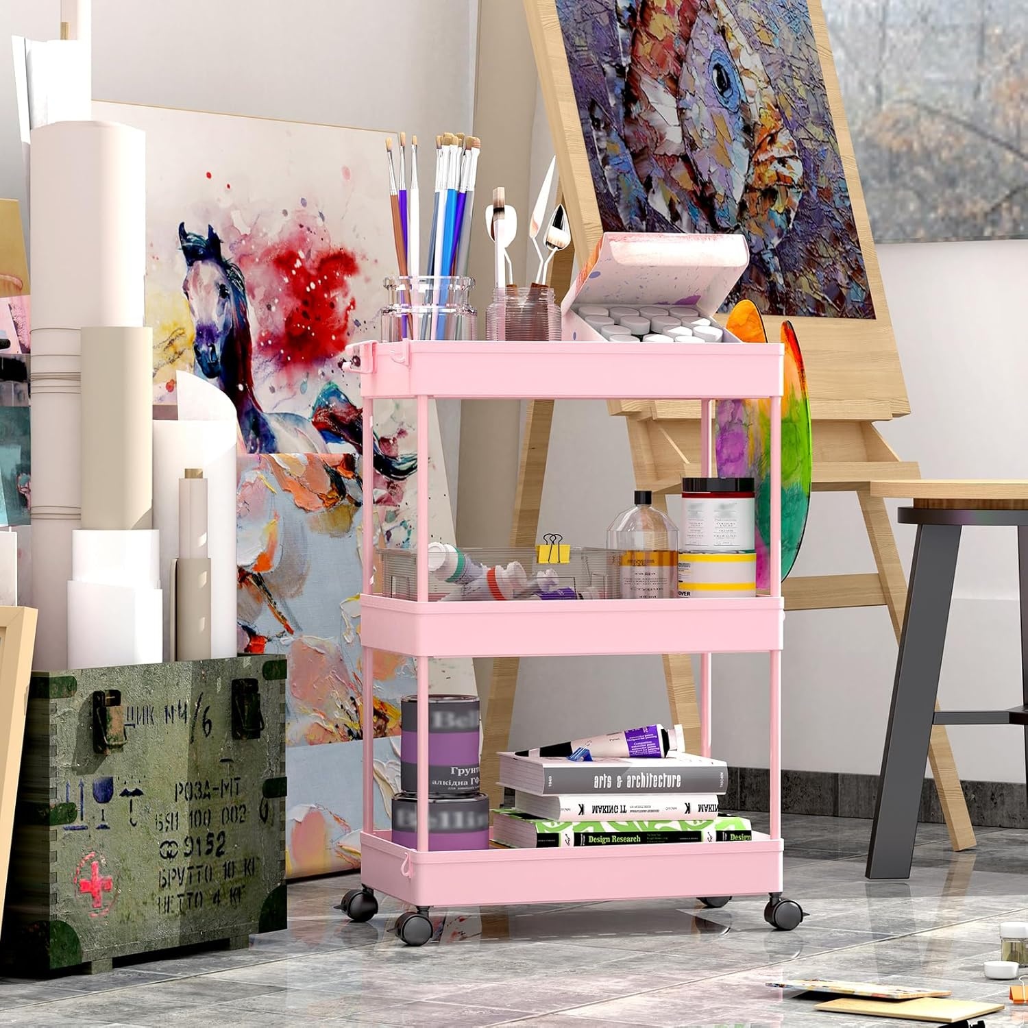 image:imageSPACEKEEPER Storage Cart 4Tier Mobile Shelving Unit Bathroom Rolling Cart Utility Storage Organizer Shelf for Kitchen Living Room Bathroom Laundry Room amp Dressers WhitePink