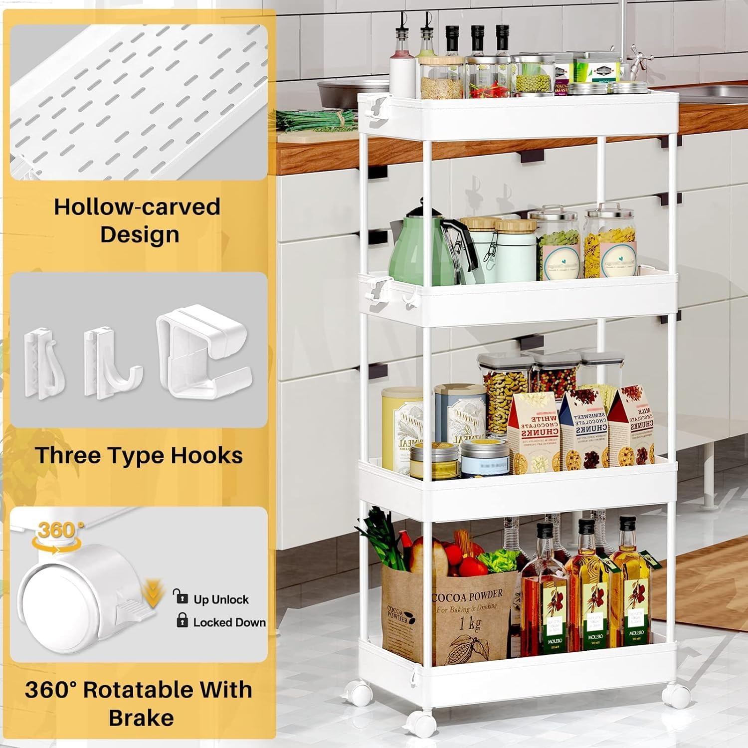 image:imageSPACEKEEPER Storage Cart 4Tier Mobile Shelving Unit Bathroom Rolling Cart Utility Storage Organizer Shelf for Kitchen Living Room Bathroom Laundry Room amp Dressers WhiteWhite