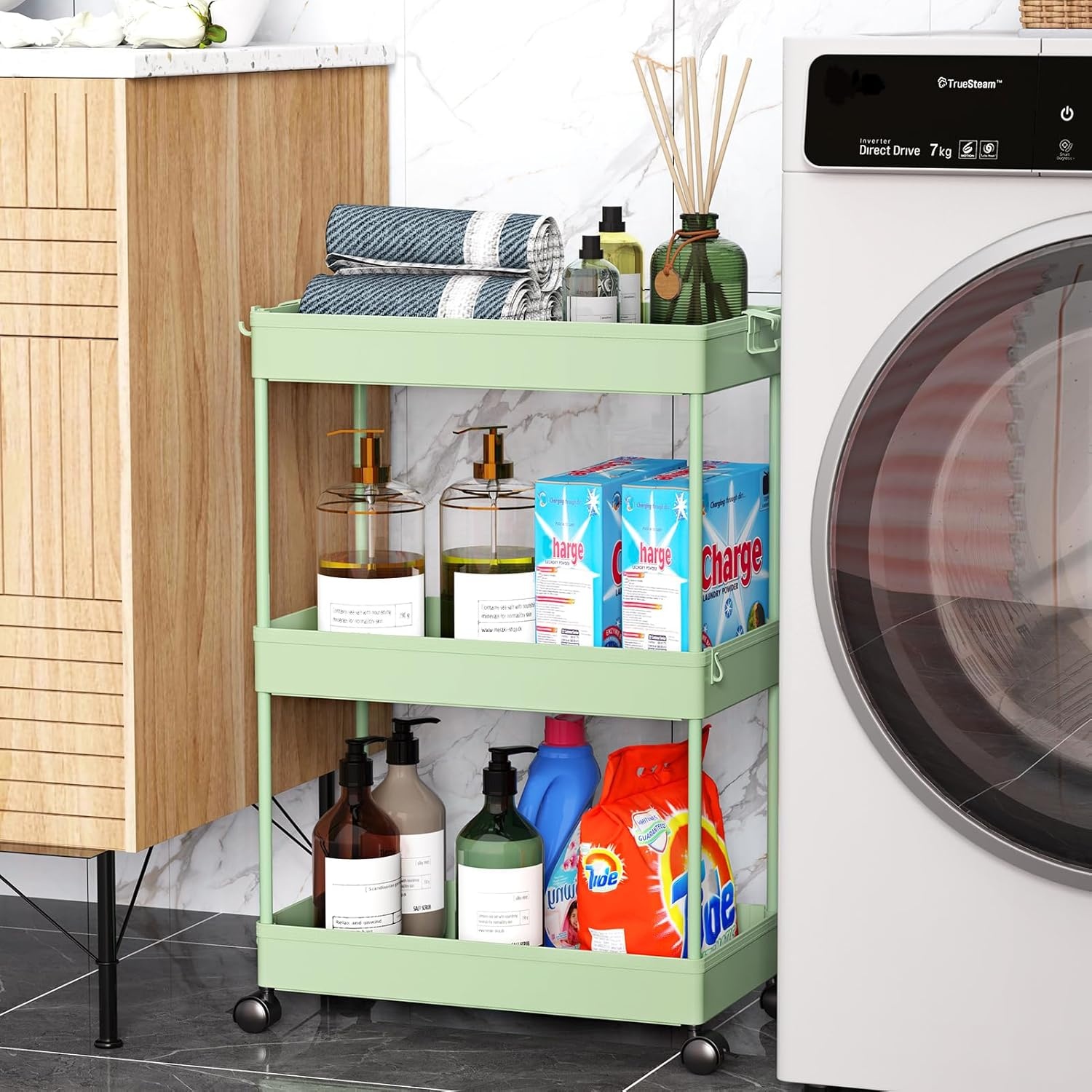 image:imageSPACEKEEPER Storage Cart 4Tier Mobile Shelving Unit Bathroom Rolling Cart Utility Storage Organizer Shelf for Kitchen Living Room Bathroom Laundry Room amp Dressers WhiteGreen
