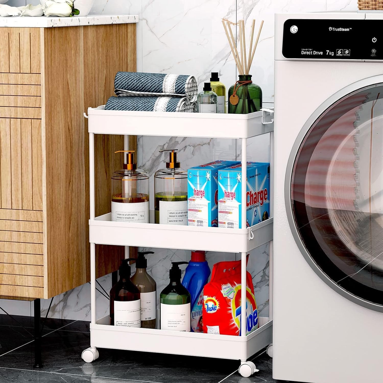 image:imageSPACEKEEPER Storage Cart 4Tier Mobile Shelving Unit Bathroom Rolling Cart Utility Storage Organizer Shelf for Kitchen Living Room Bathroom Laundry Room amp Dressers WhiteWhite