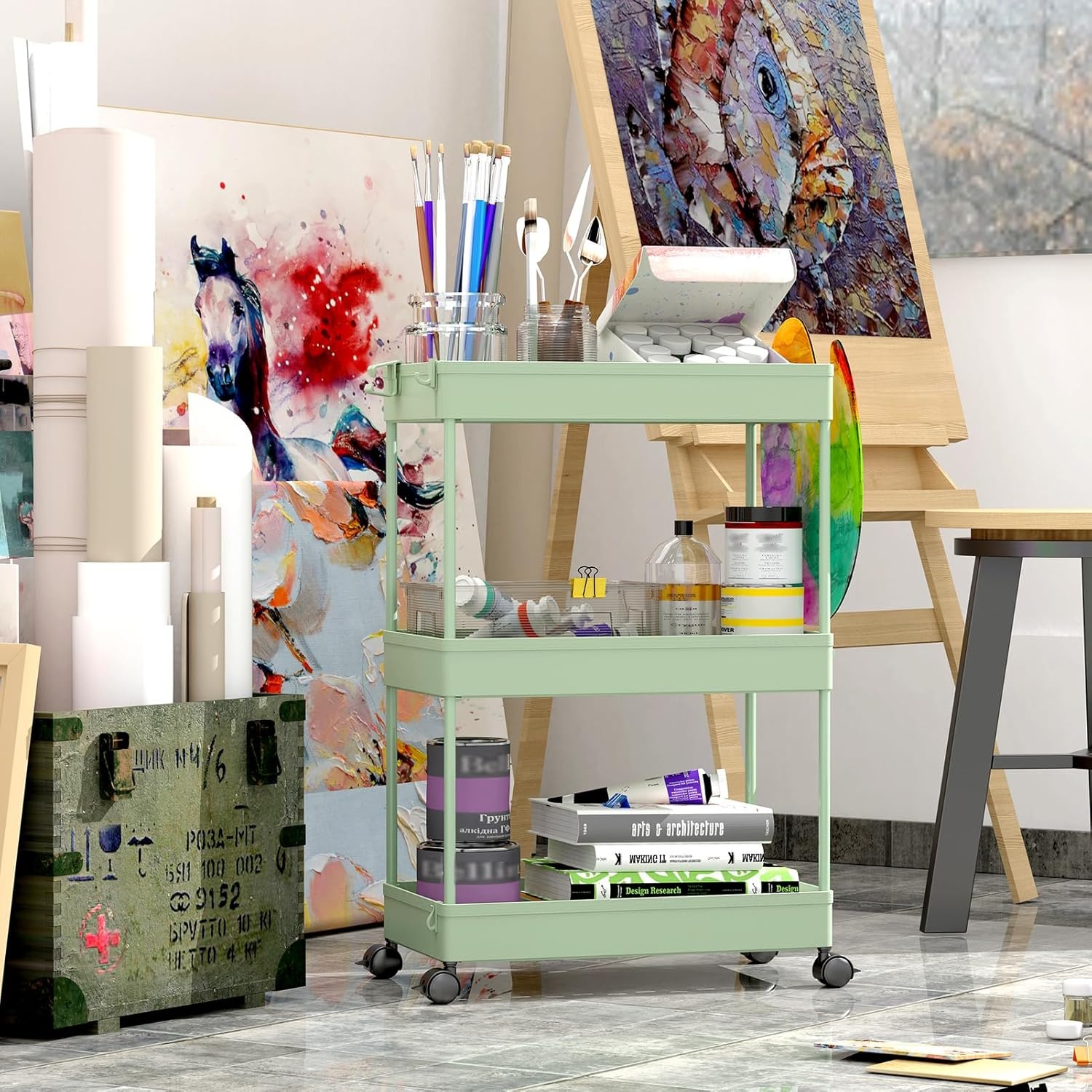 image:imageSPACEKEEPER Storage Cart 4Tier Mobile Shelving Unit Bathroom Rolling Cart Utility Storage Organizer Shelf for Kitchen Living Room Bathroom Laundry Room amp Dressers WhiteGreen