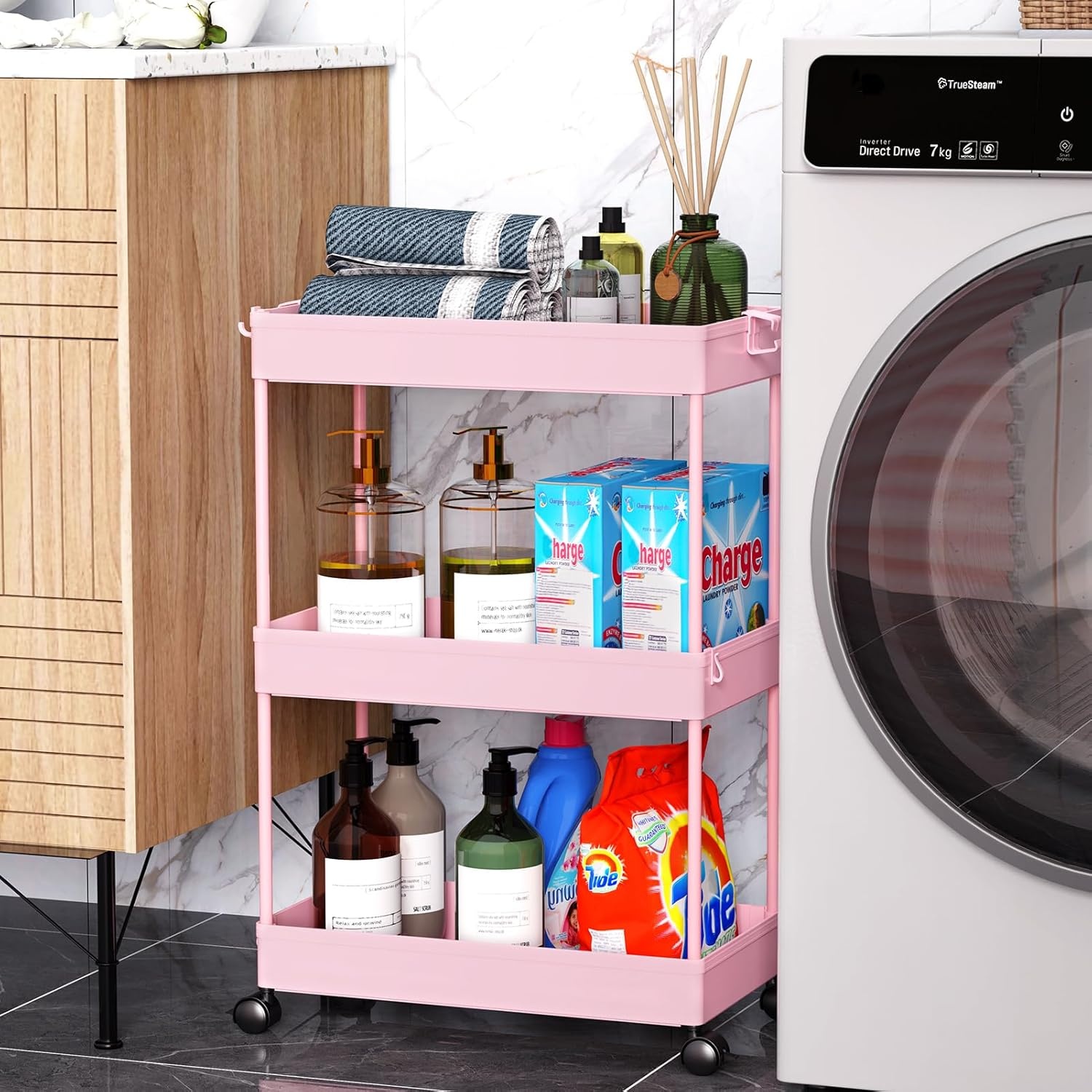 image:imageSPACEKEEPER Storage Cart 4Tier Mobile Shelving Unit Bathroom Rolling Cart Utility Storage Organizer Shelf for Kitchen Living Room Bathroom Laundry Room amp Dressers WhitePink